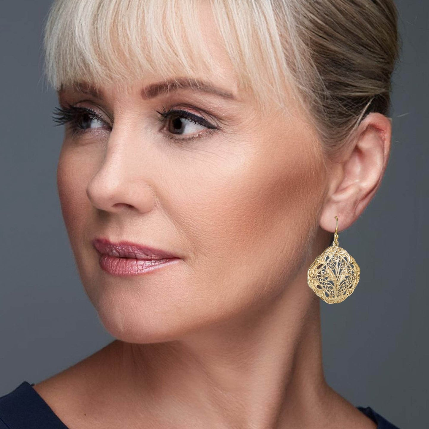 Ornate Filigree Dangle Earrings with Etruscan Detailed Borders - TurkishBling