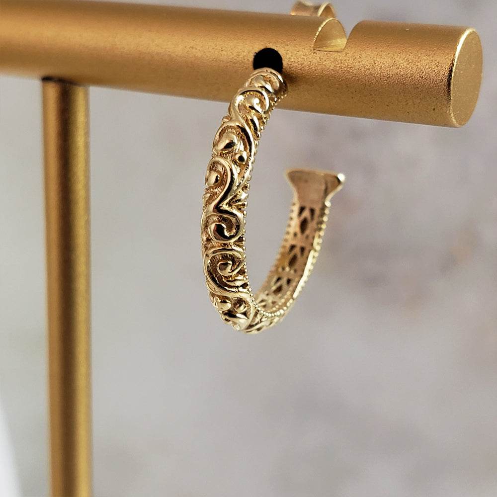 Petite Hoop Earrings with Swirl Filigree Design - TurkishBling
