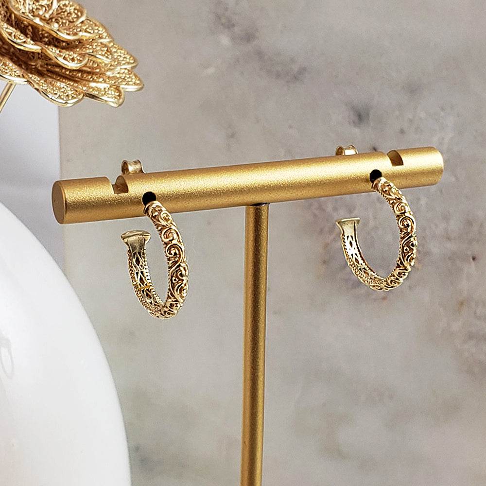 Petite Hoop Earrings with Swirl Filigree Design - TurkishBling