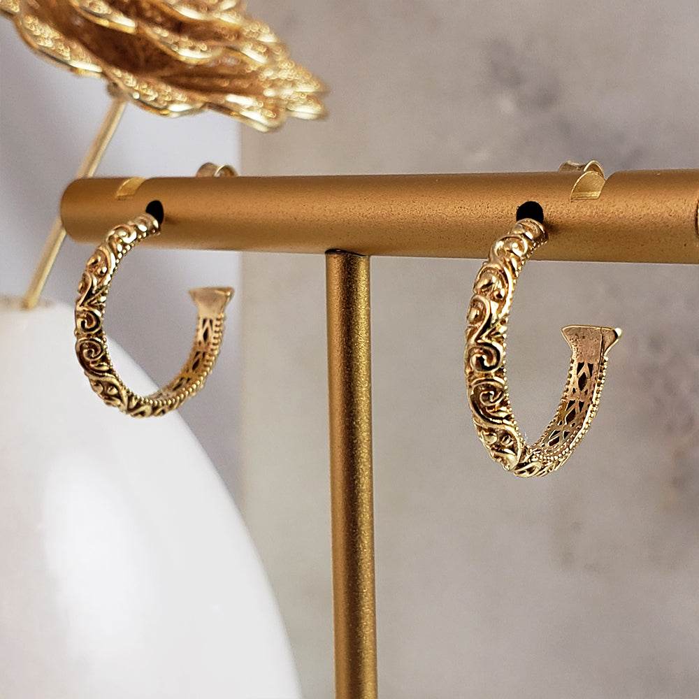 Petite Hoop Earrings with Swirl Filigree Design - TurkishBling