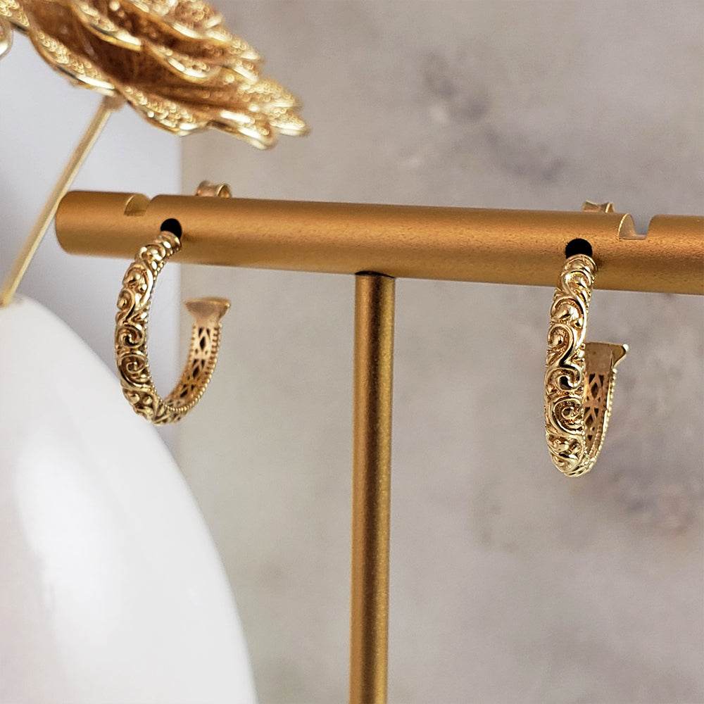 Petite Hoop Earrings with Swirl Filigree Design - TurkishBling