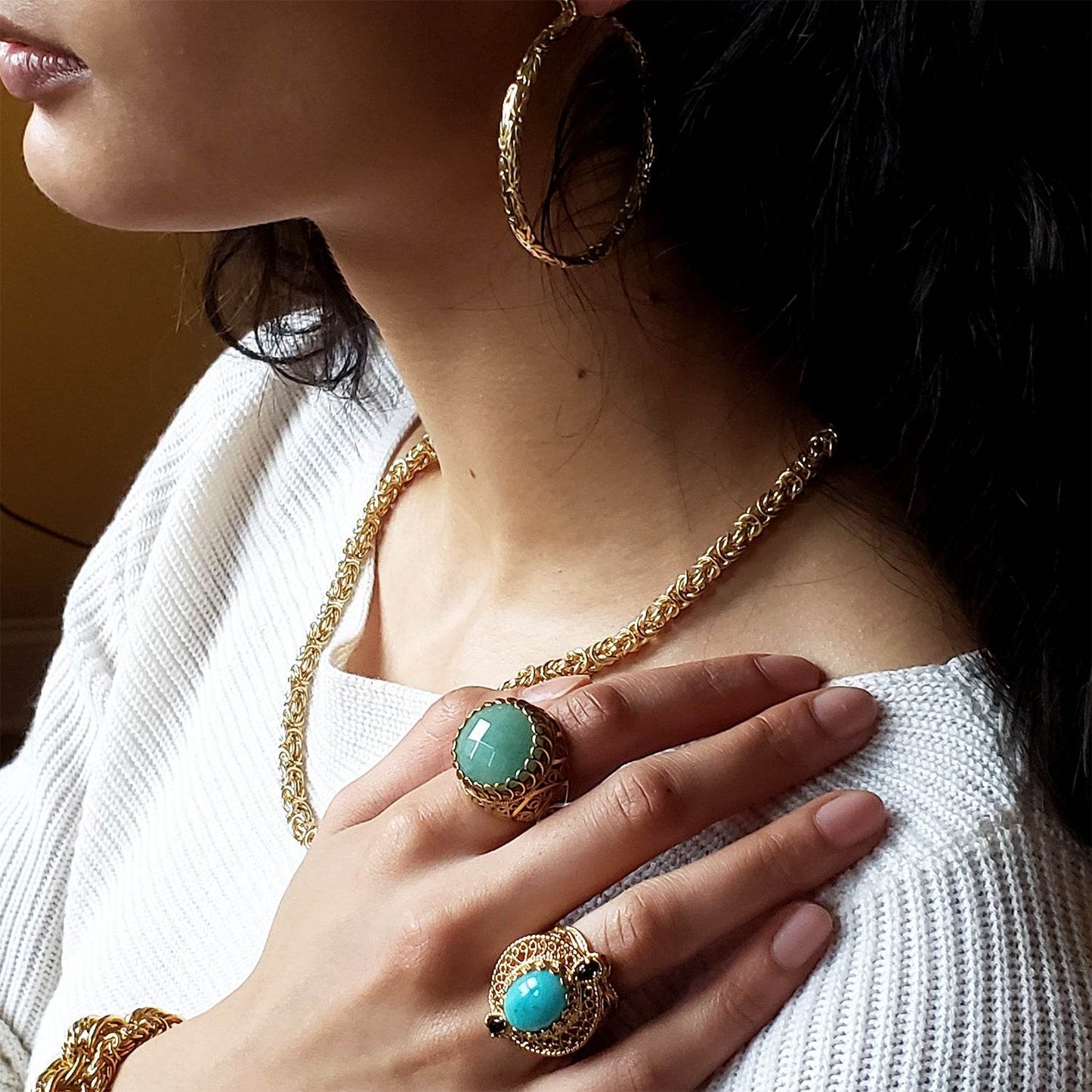 Filigree Genuine Amazonite and Amethyst Gemstone Ring - TurkishBling