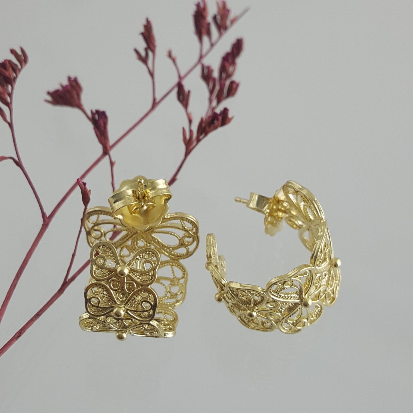 Butterfly Filigree Hoop Earrings - Gold over Sterling Silver