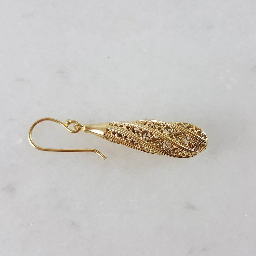 Long Swirl Filigree Drop Earrings with Twisted Pattern - TurkishBling