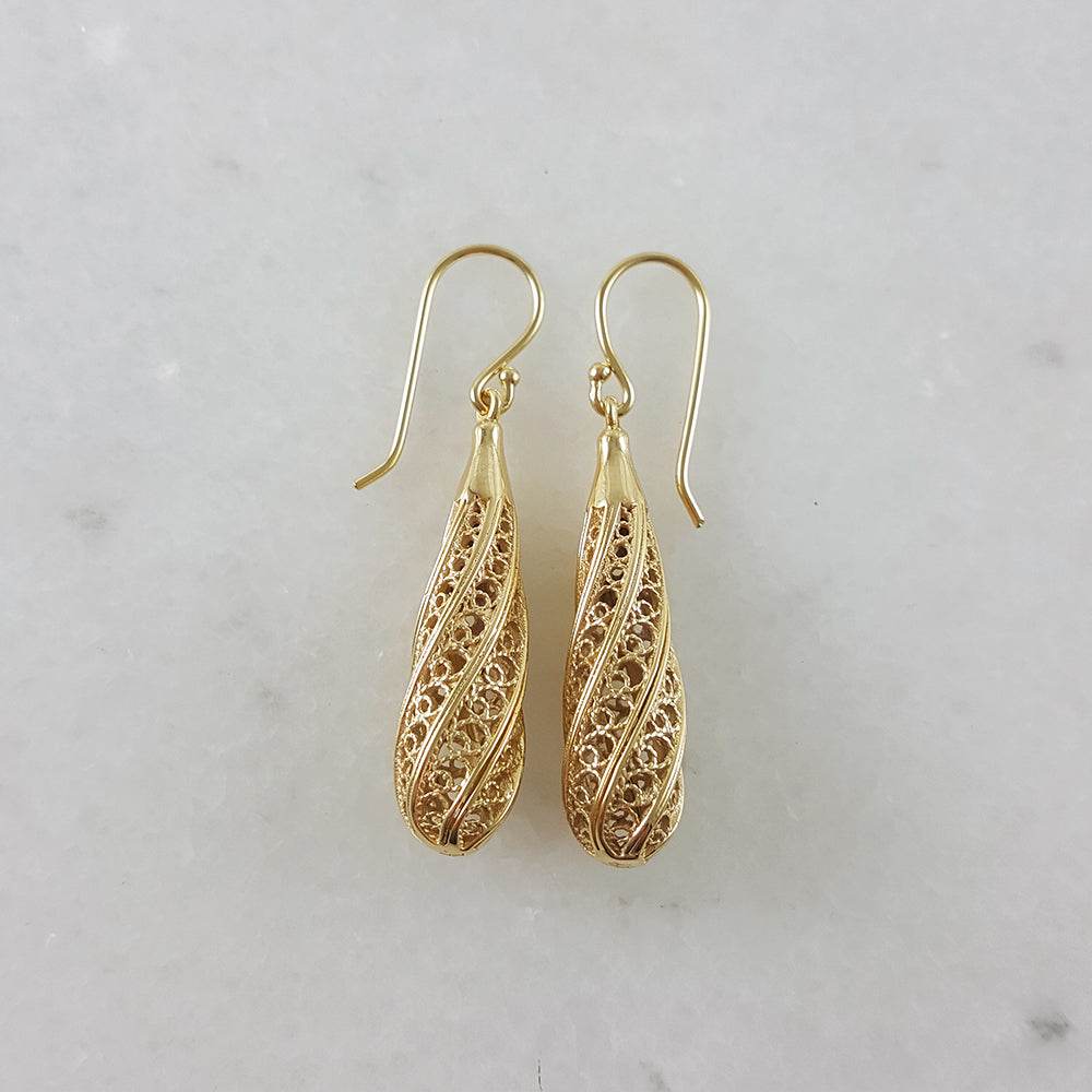 Long Swirl Filigree Drop Earrings with Twisted Pattern - TurkishBling