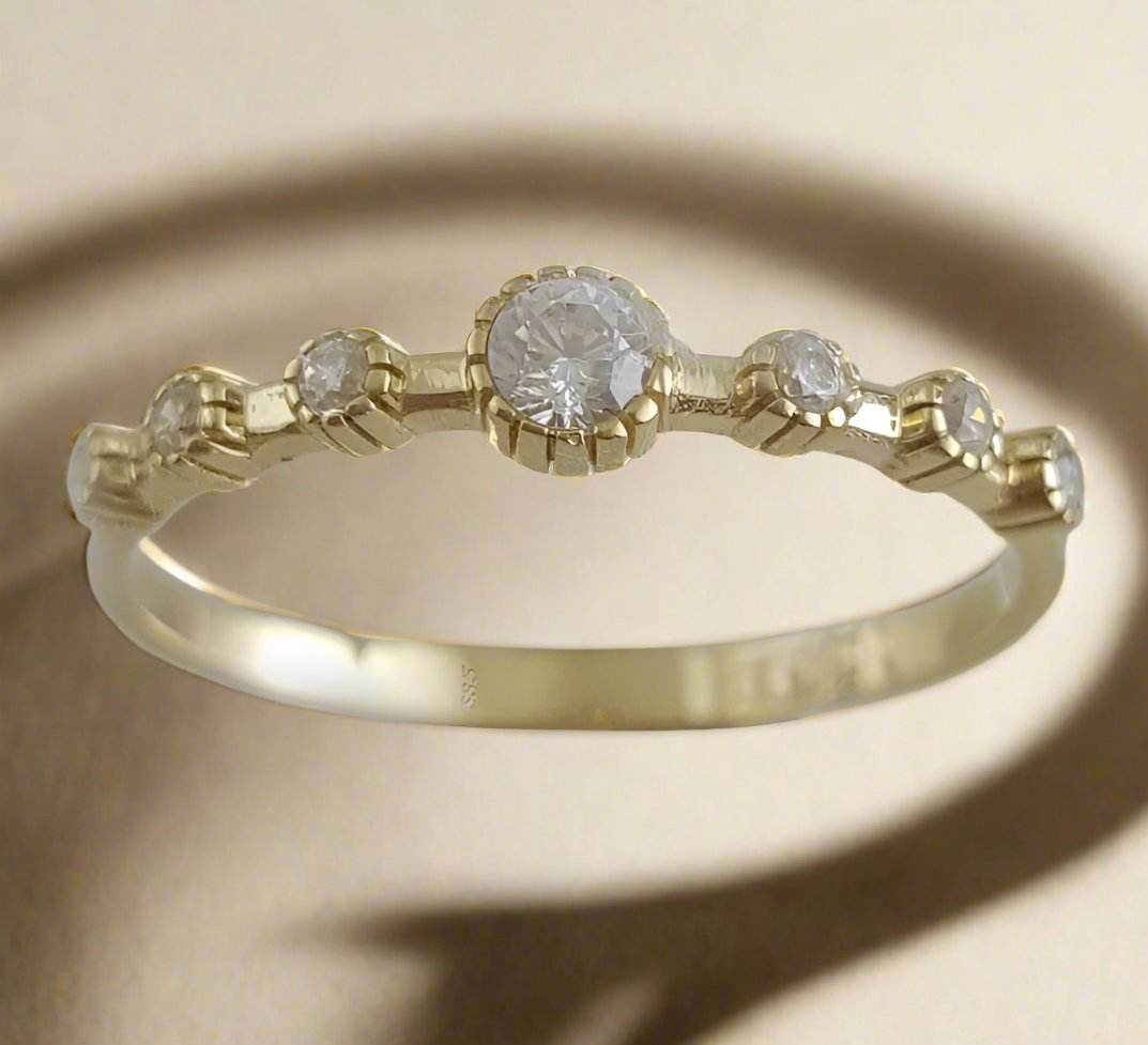 Cubic Zircon Station Gold Ring - 10k,14k,18k - TurkishBling
