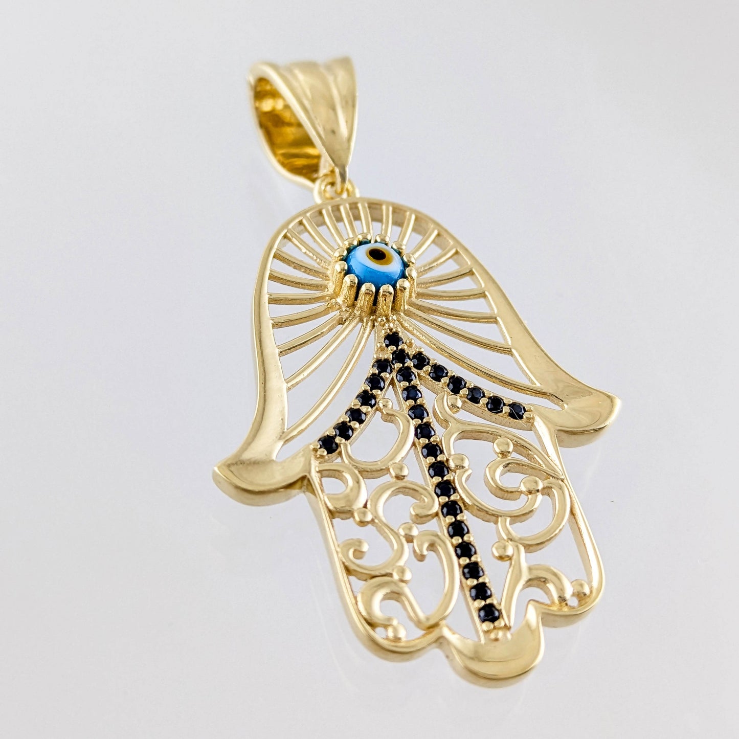 Hamsa Pendant with Black Spinel and Evil Eye – Gold over Sterling Silver, Enhancer Clasp - TurkishBling