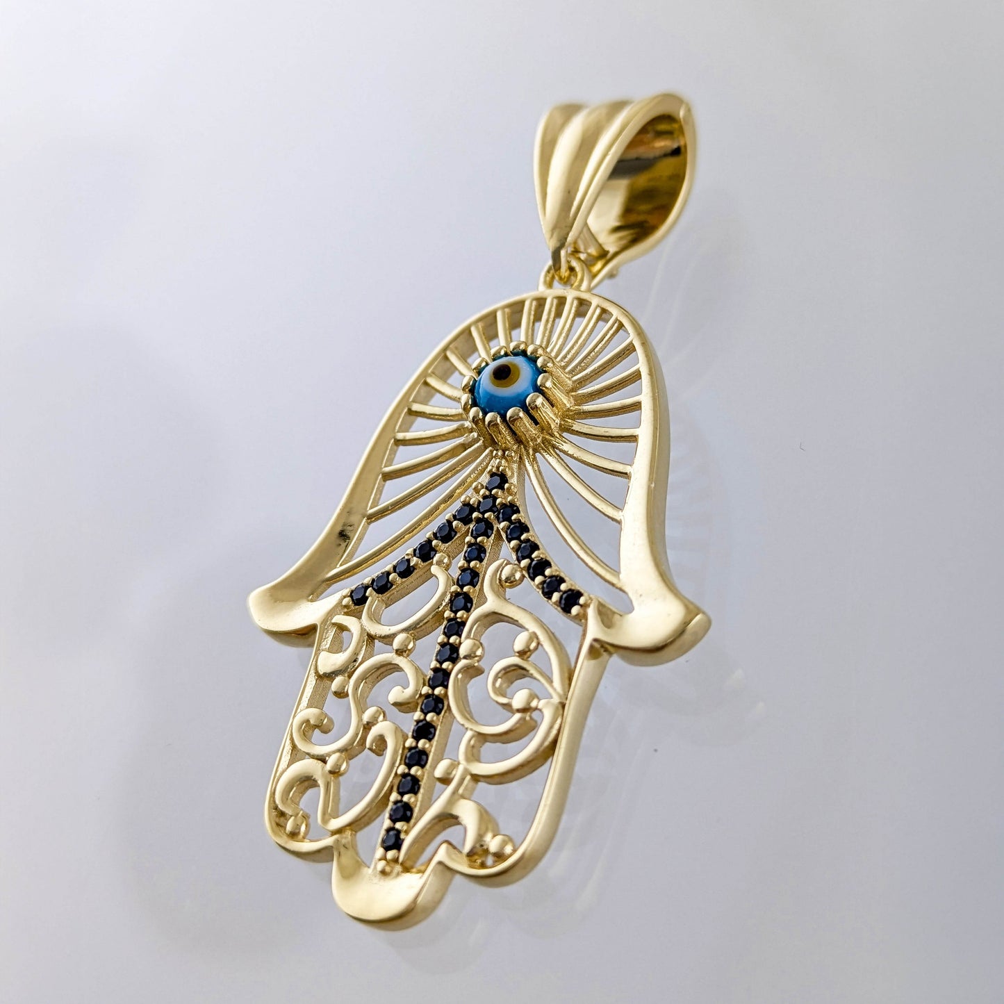 Hamsa Pendant with Black Spinel and Evil Eye – Gold over Sterling Silver, Enhancer Clasp - TurkishBling