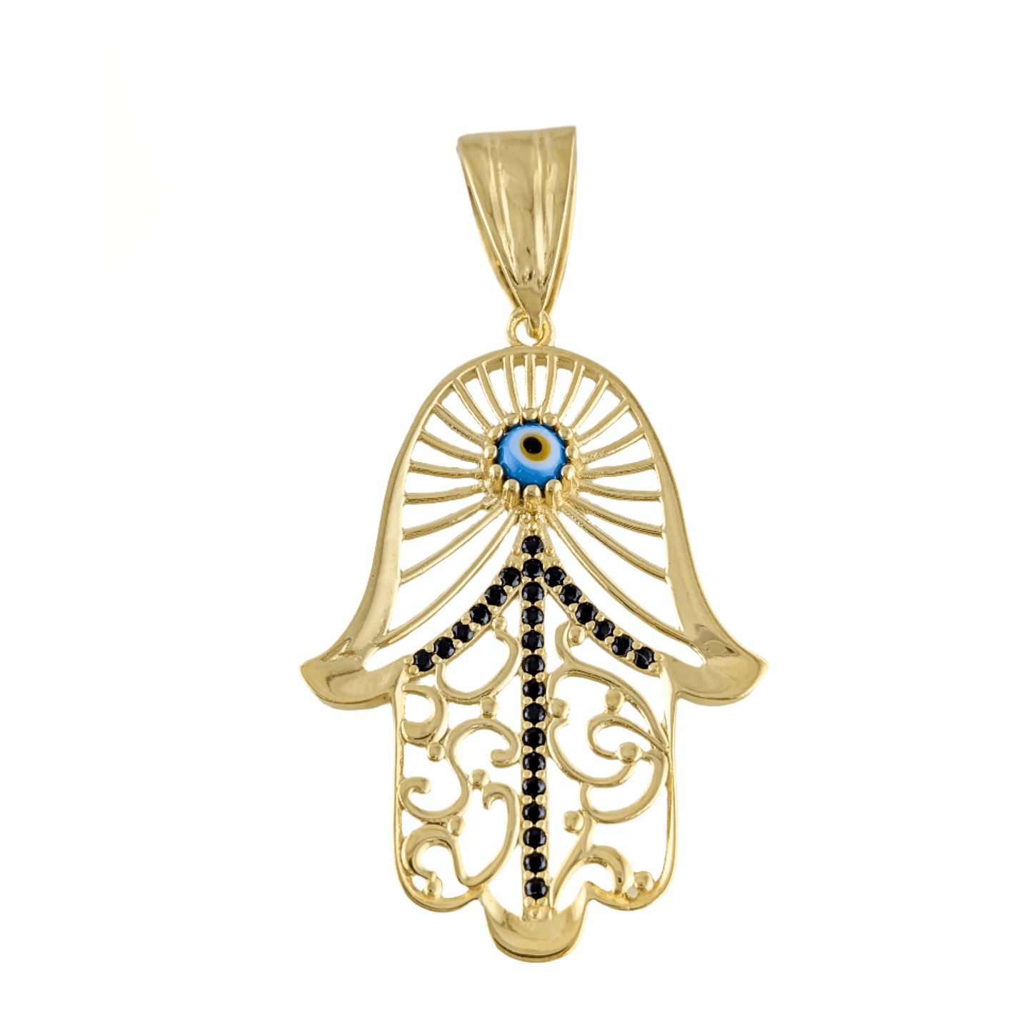 Hamsa Pendant with Black Spinel and Evil Eye – Gold over Sterling Silver, Enhancer Clasp - TurkishBling