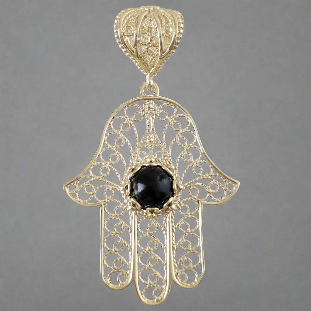 18K Gold Over Bronze Filigree Hamsa Gemstone Pendant with Black Onyx - TurkishBling