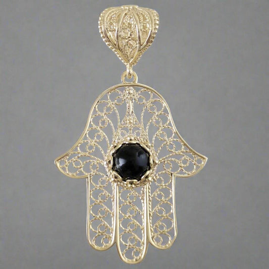 18K Gold Over Bronze Filigree Hamsa Gemstone Pendant with Black Onyx - TurkishBling