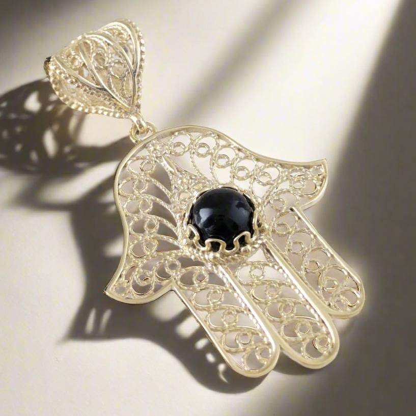 18K Gold Over Bronze Filigree Hamsa Gemstone Pendant with Black Onyx - TurkishBling