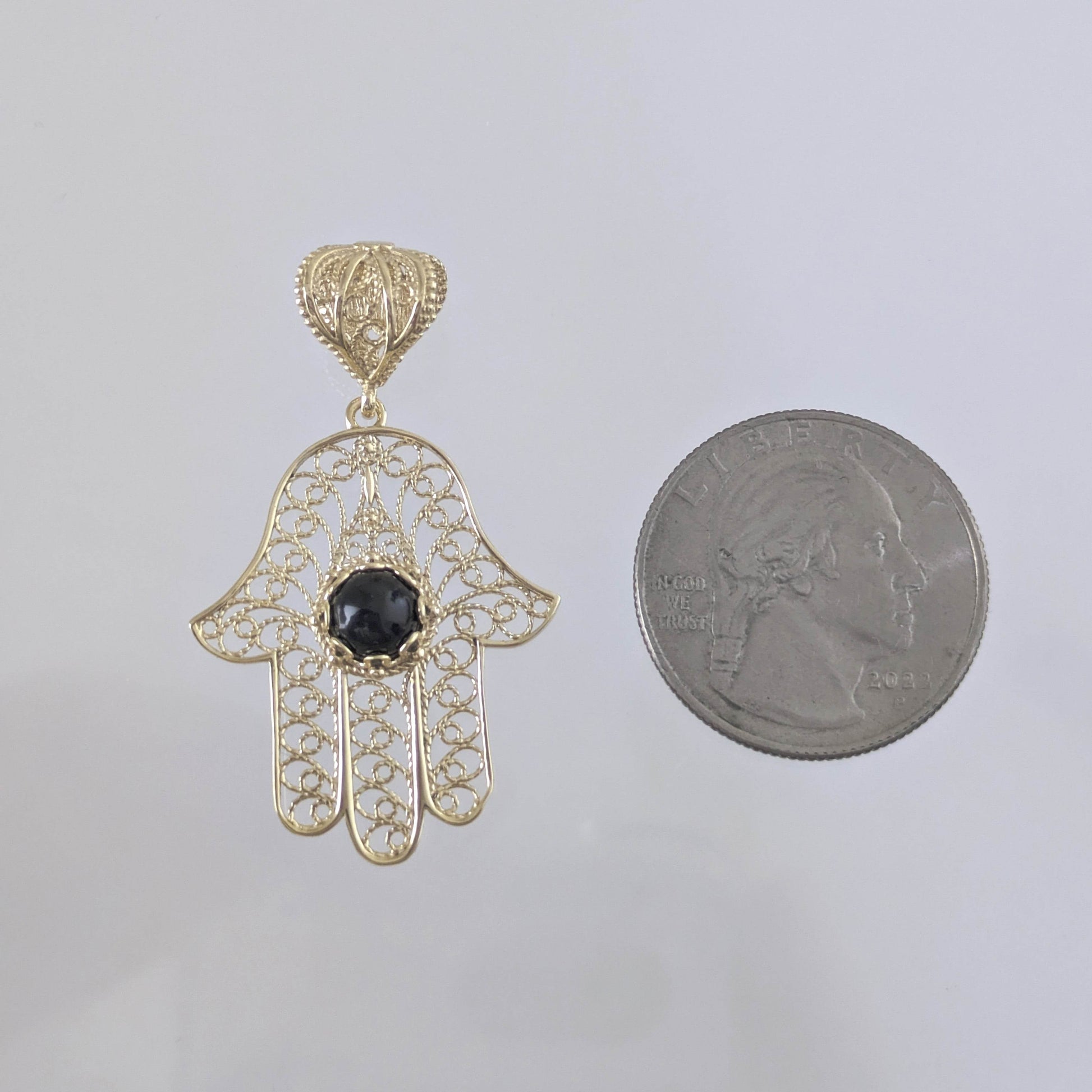 18K Gold Over Bronze Filigree Hamsa Gemstone Pendant with Black Onyx - TurkishBling