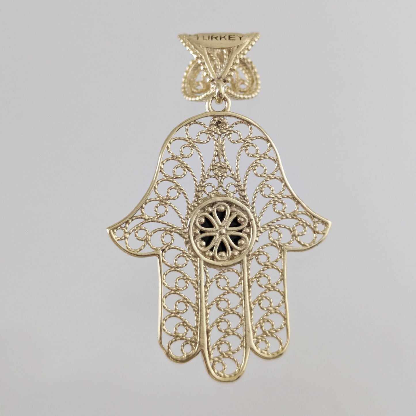 18K Gold Over Bronze Filigree Hamsa Gemstone Pendant with Black Onyx - TurkishBling