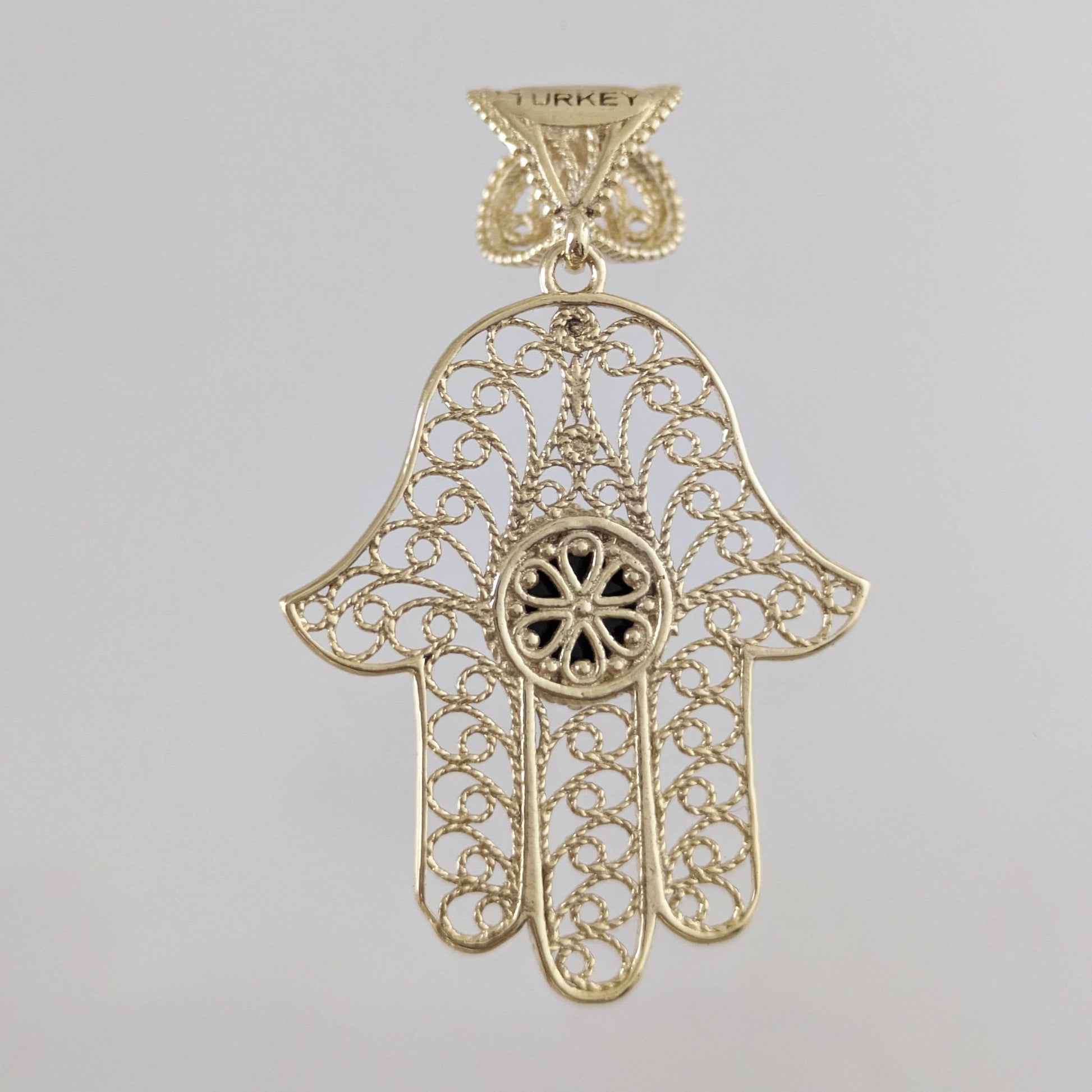 18K Gold Over Bronze Filigree Hamsa Gemstone Pendant with Black Onyx - TurkishBling