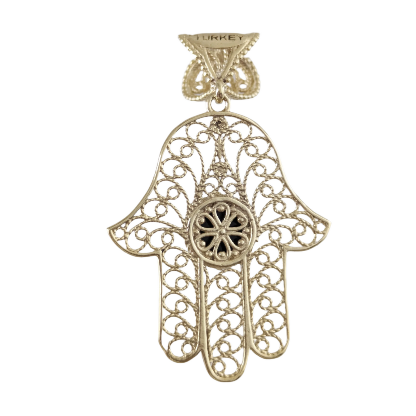18K Gold Over Bronze Filigree Hamsa Gemstone Pendant with Black Onyx