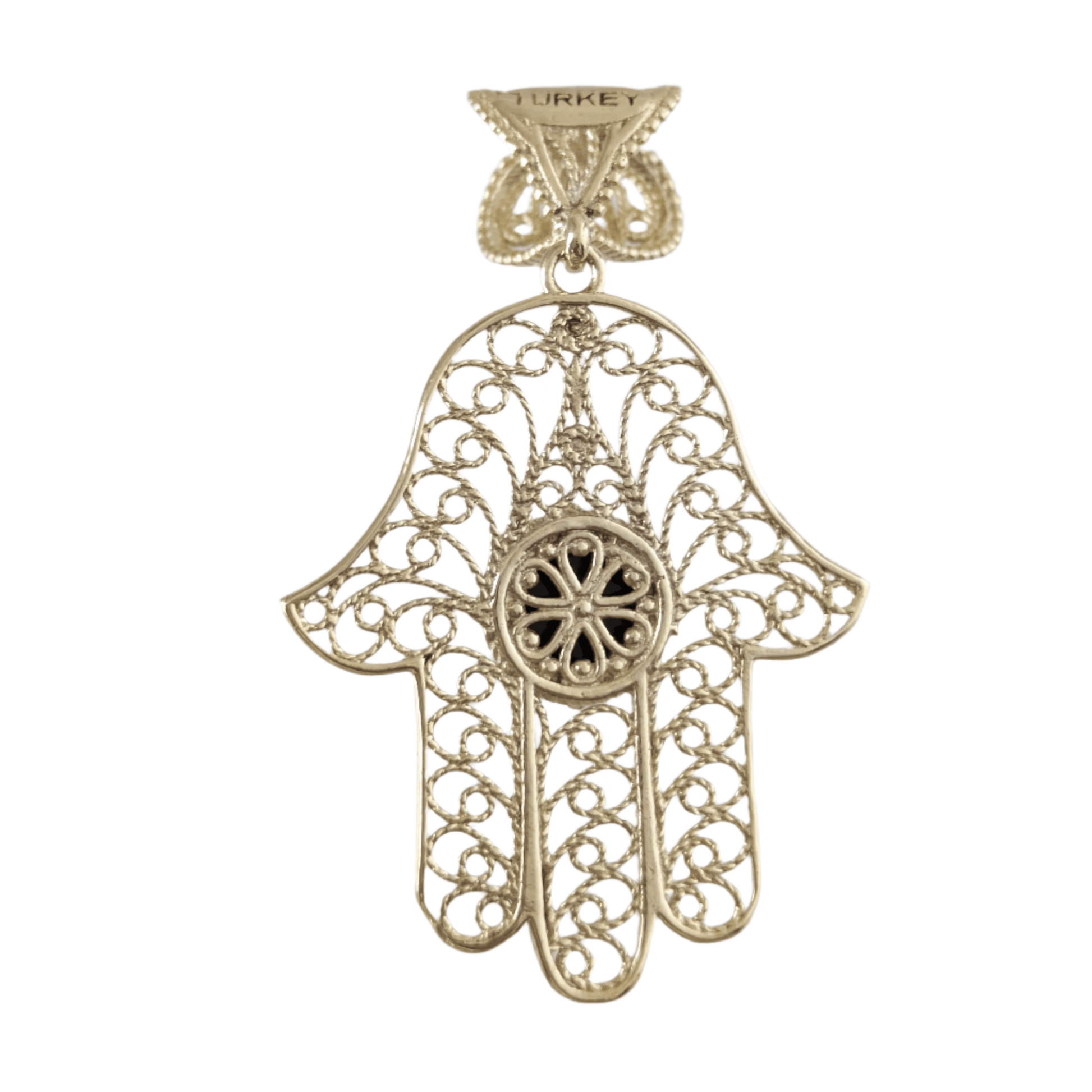 18K Gold Over Bronze Filigree Hamsa Gemstone Pendant with Black Onyx - TurkishBling