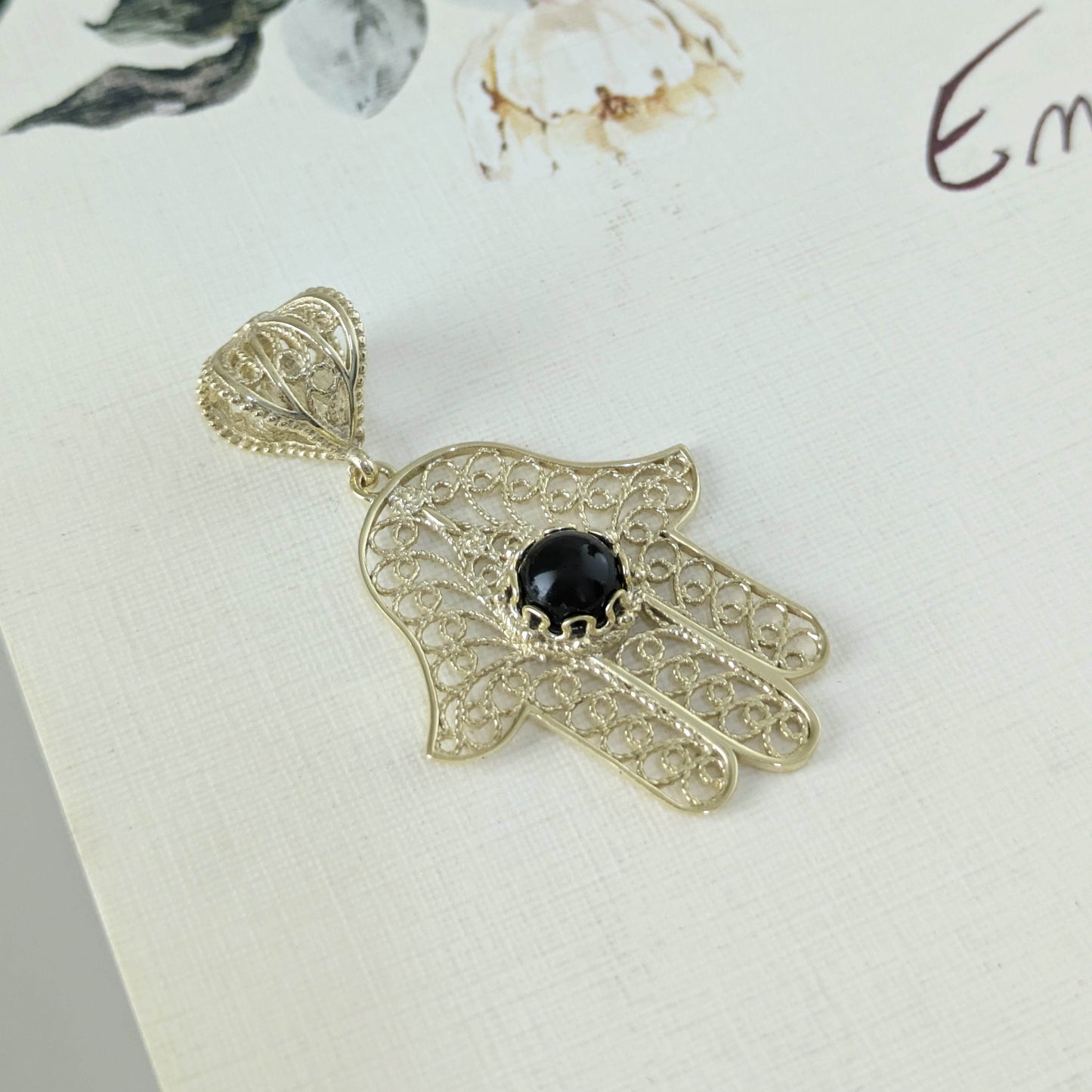 18K Gold Over Bronze Filigree Hamsa Gemstone Pendant with Black Onyx - TurkishBling