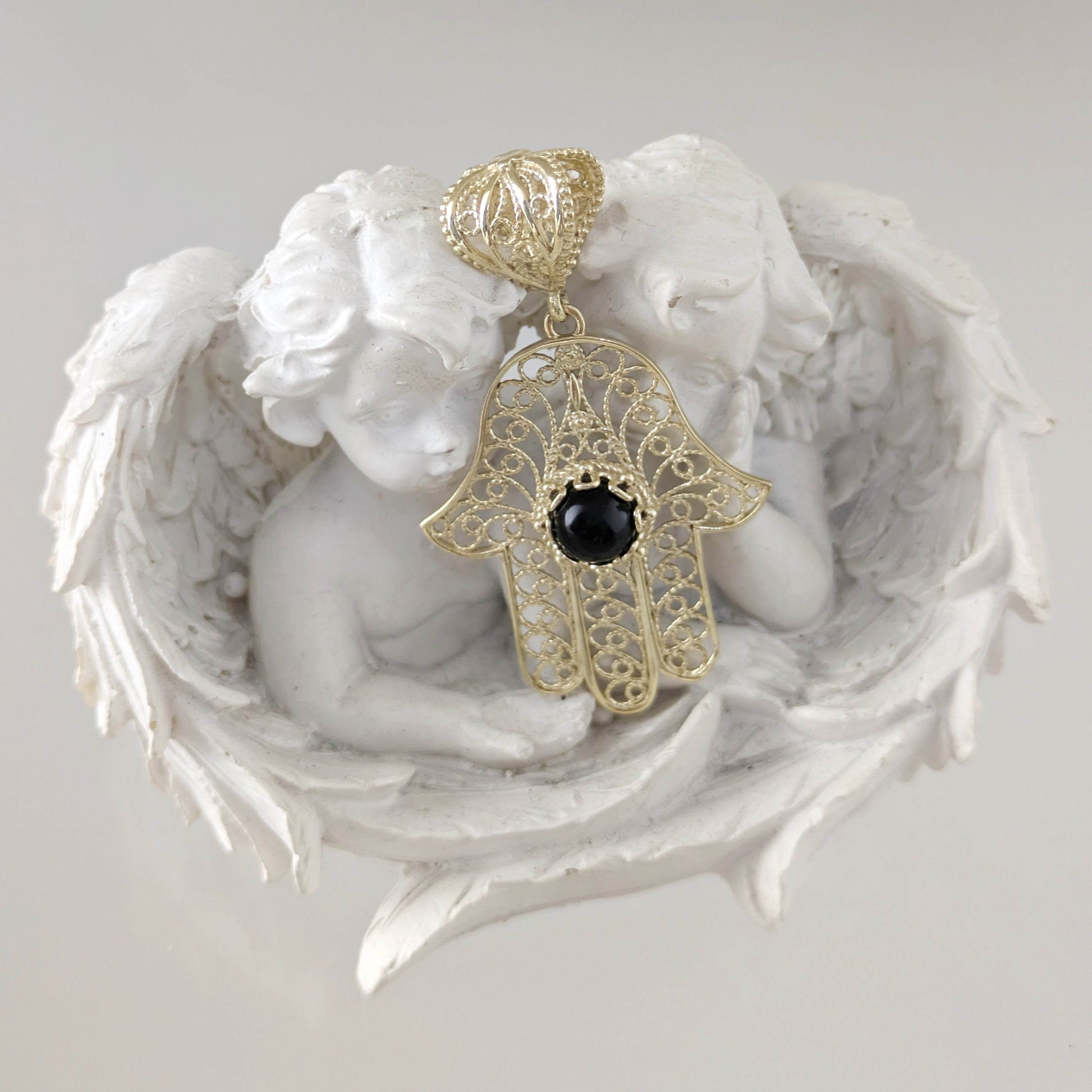 18K Gold Over Bronze Filigree Hamsa Gemstone Pendant with Black Onyx - TurkishBling
