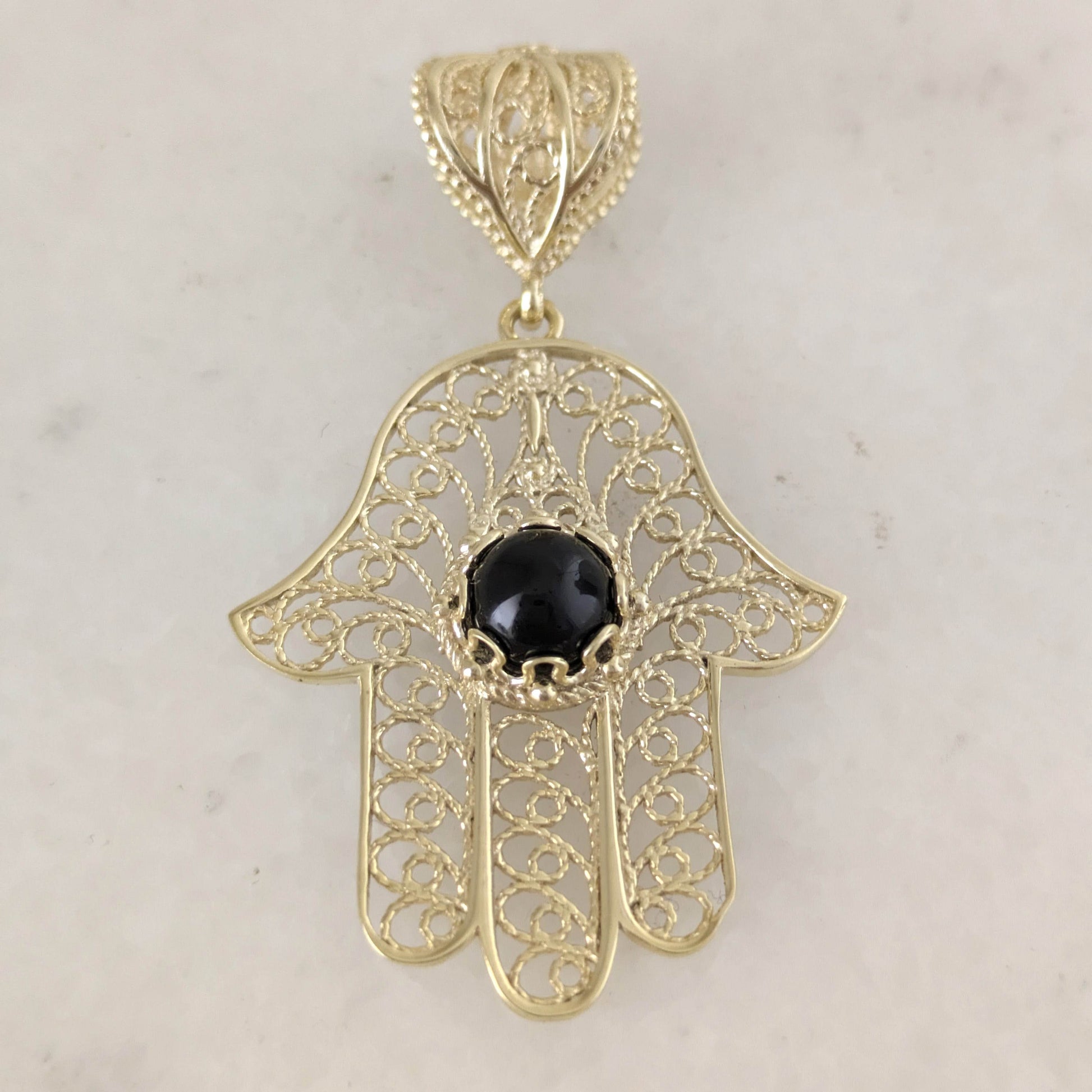 18K Gold Over Bronze Filigree Hamsa Gemstone Pendant with Black Onyx - TurkishBling