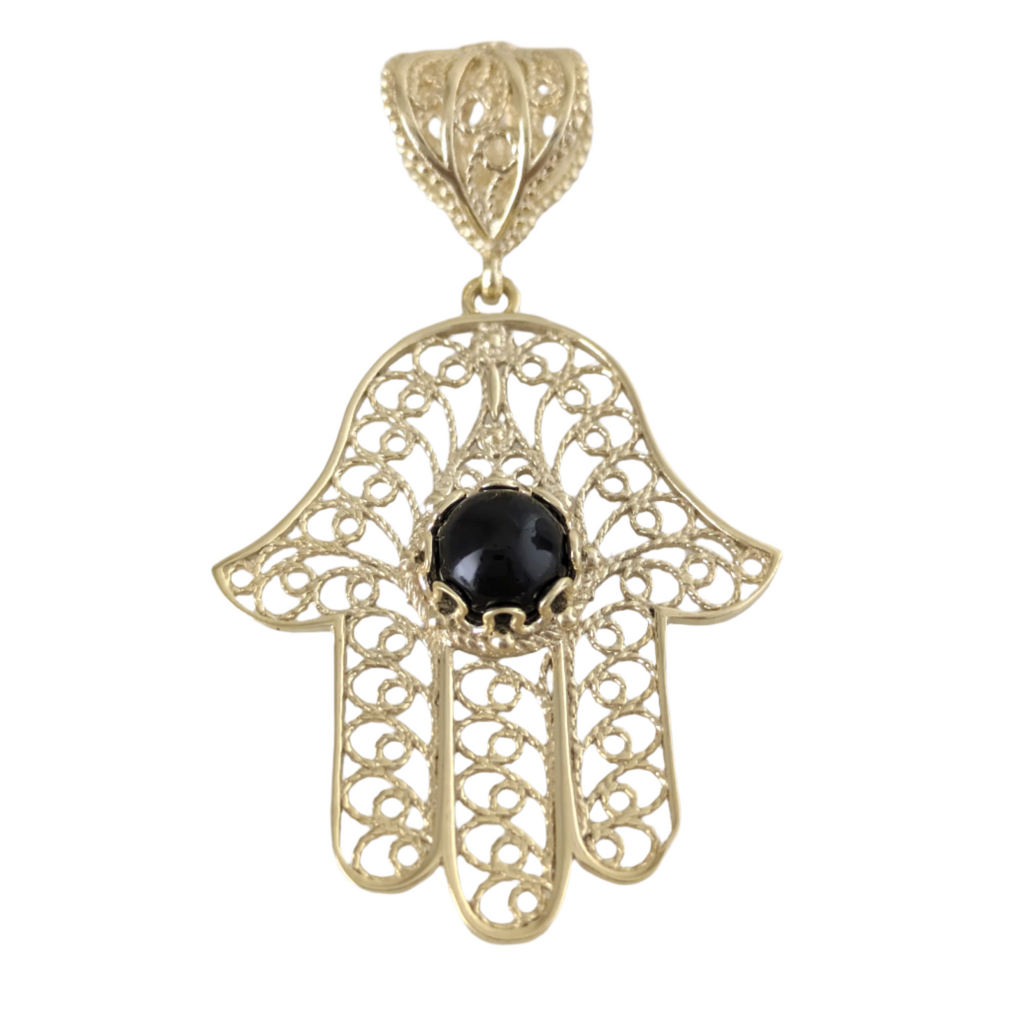 18K Gold Over Bronze Filigree Hamsa Gemstone Pendant with Black Onyx