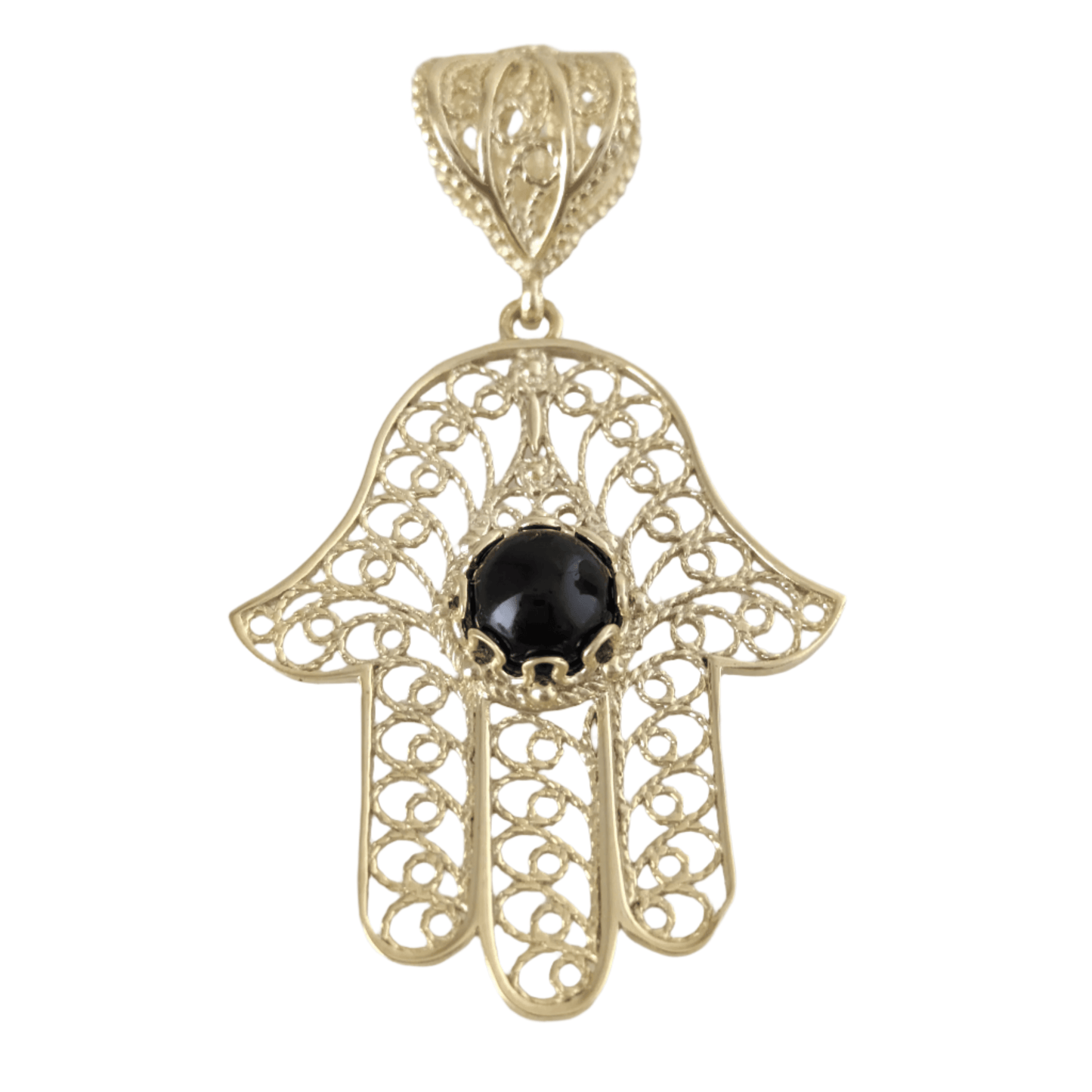 18K Gold Over Bronze Filigree Hamsa Gemstone Pendant with Black Onyx - TurkishBling