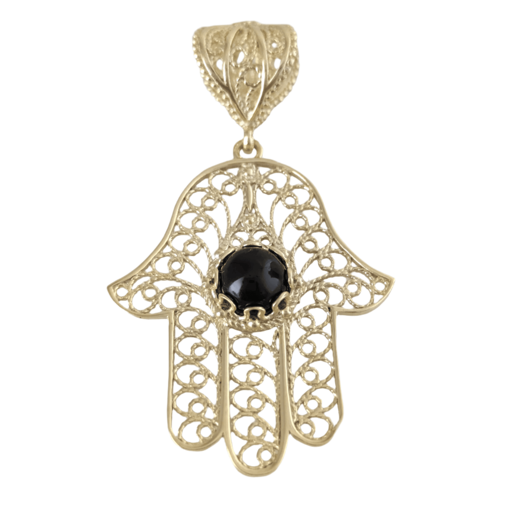 18K Gold Over Bronze Filigree Hamsa Gemstone Pendant with Black Onyx - TurkishBling