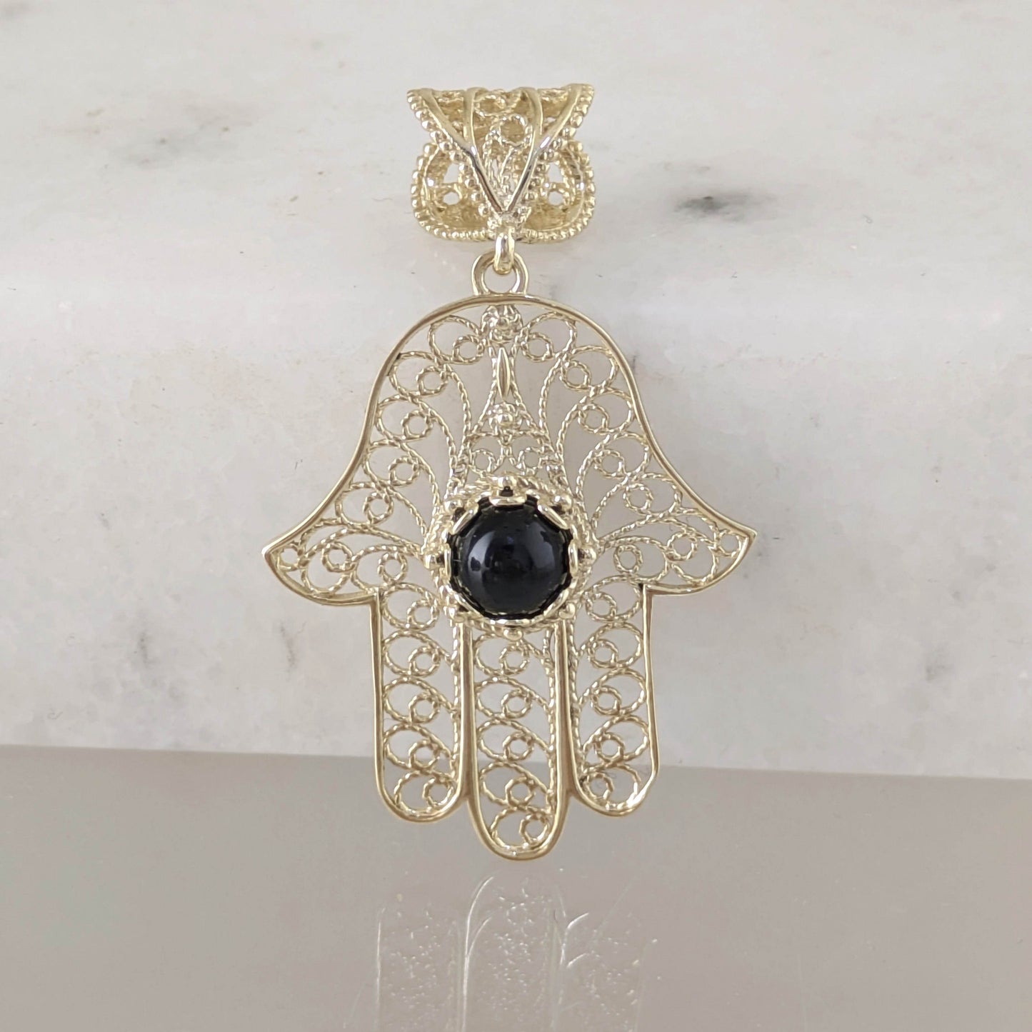 18K Gold Over Bronze Filigree Hamsa Gemstone Pendant with Black Onyx - TurkishBling