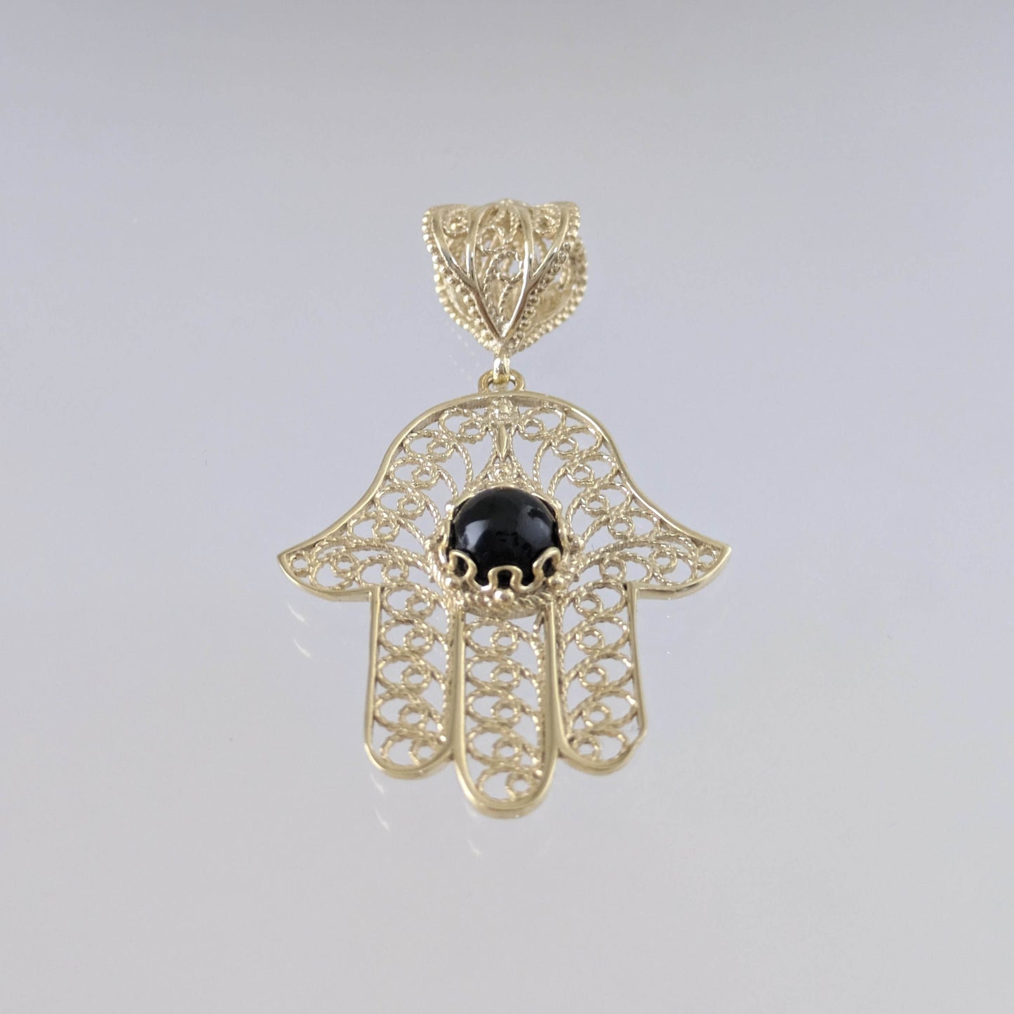 18K Gold Over Bronze Filigree Hamsa Gemstone Pendant with Black Onyx - TurkishBling