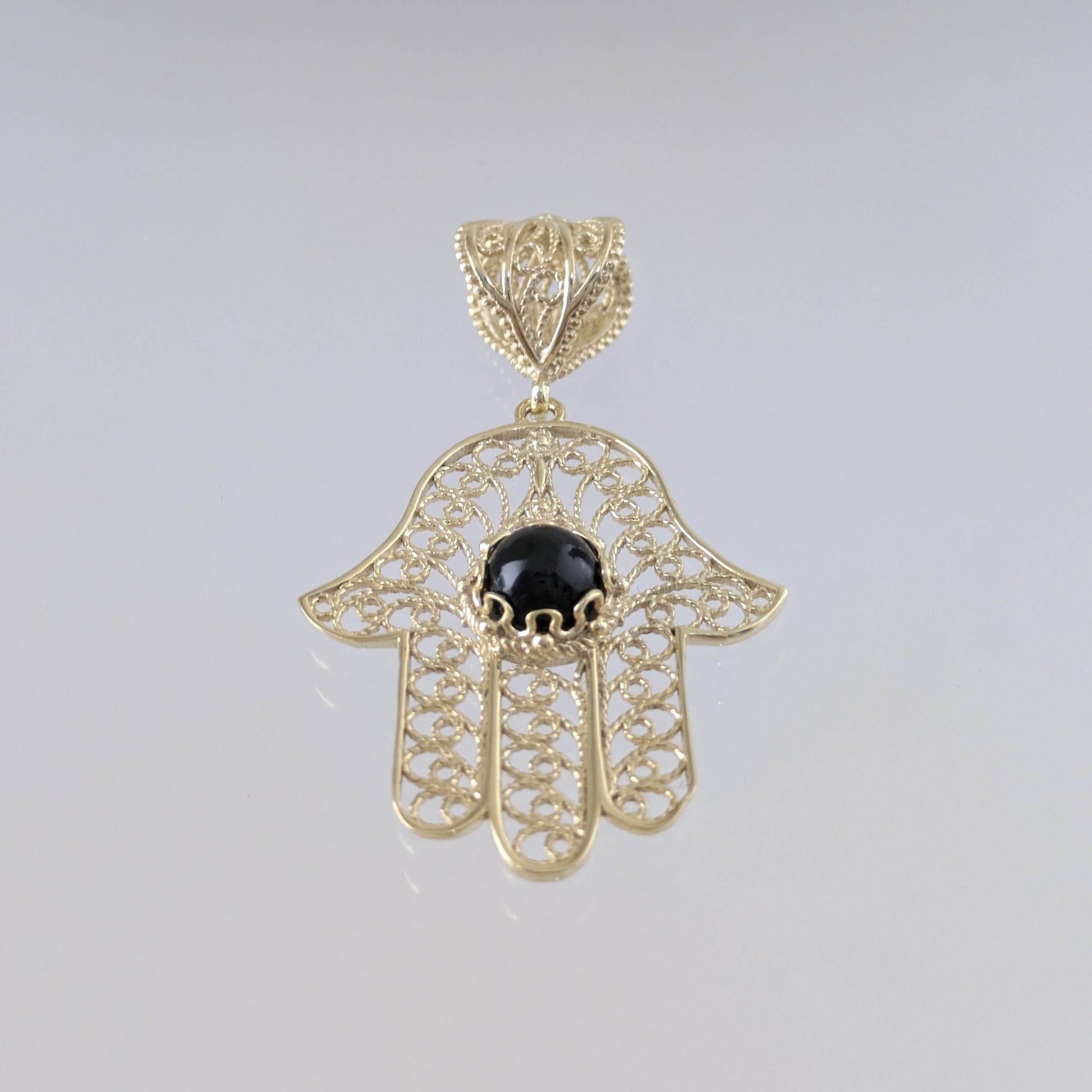 18K Gold Over Bronze Filigree Hamsa Gemstone Pendant with Black Onyx - TurkishBling