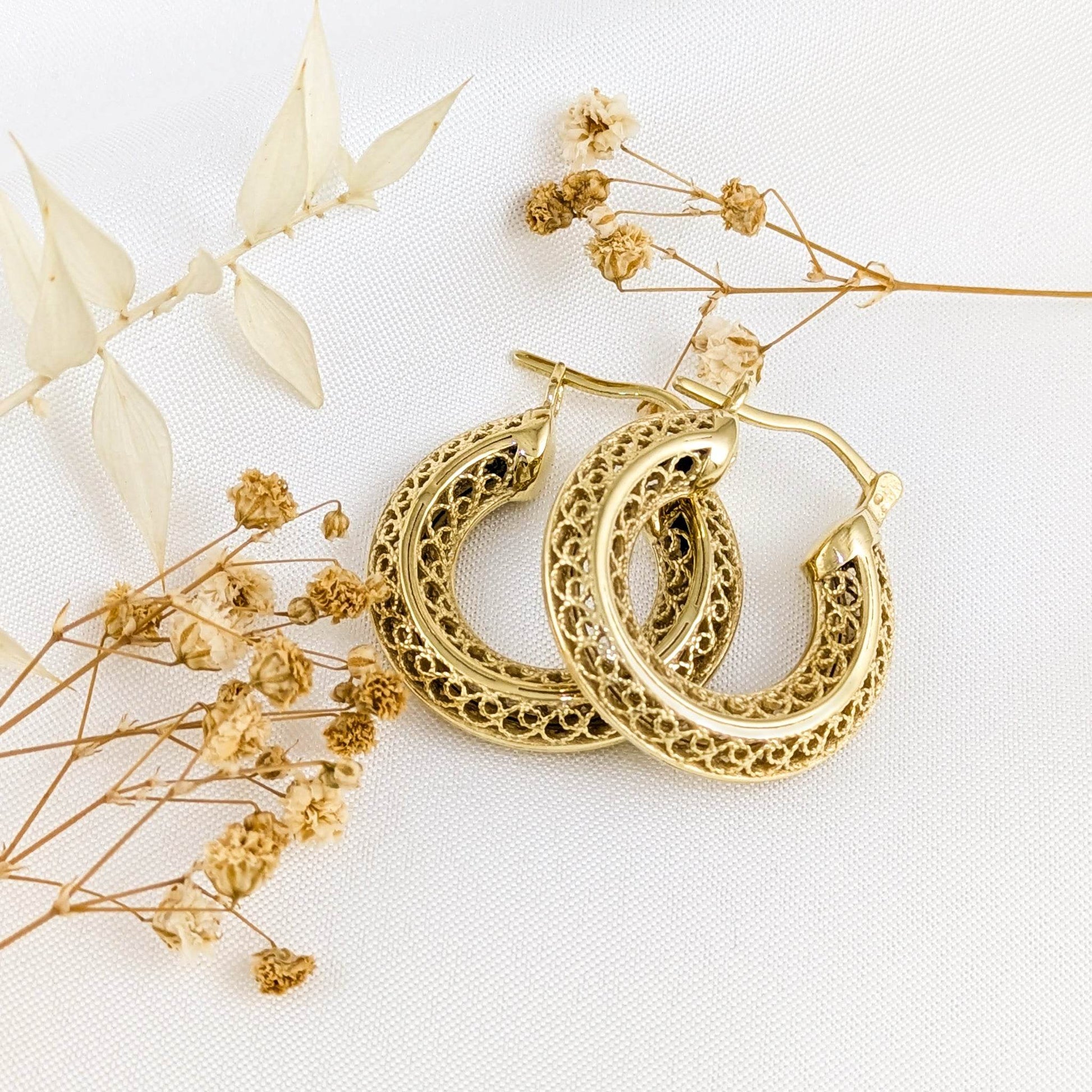 Stunning Gold Filigree Hoops – Artisan Handcrafted Small Hoops, 1-Inch Vintage-Inspired Jewelry - TurkishBling