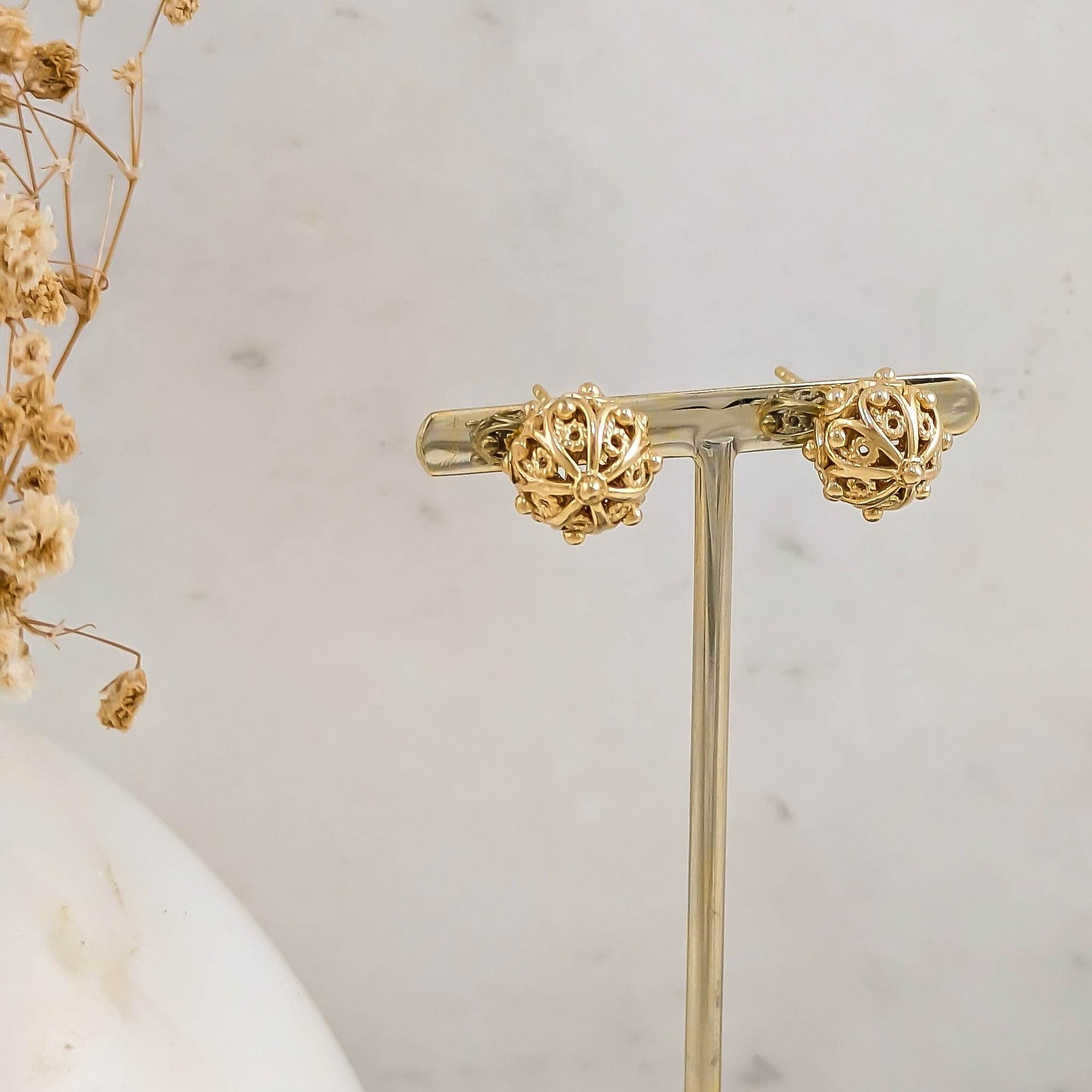 Ornate Sphere Stud Earrings with Floral Filigree Detail - TurkishBling