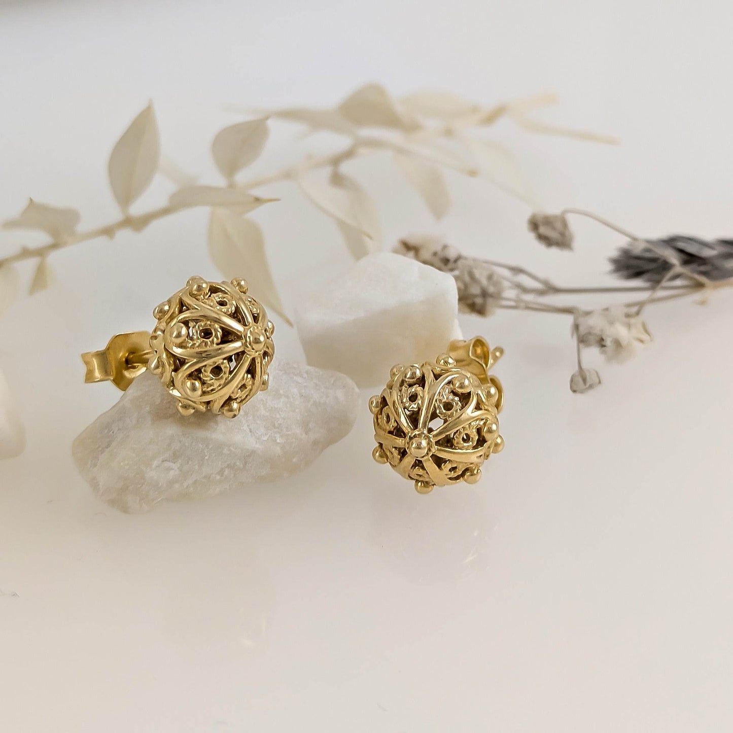 Ornate Sphere Stud Earrings with Floral Filigree Detail - TurkishBling