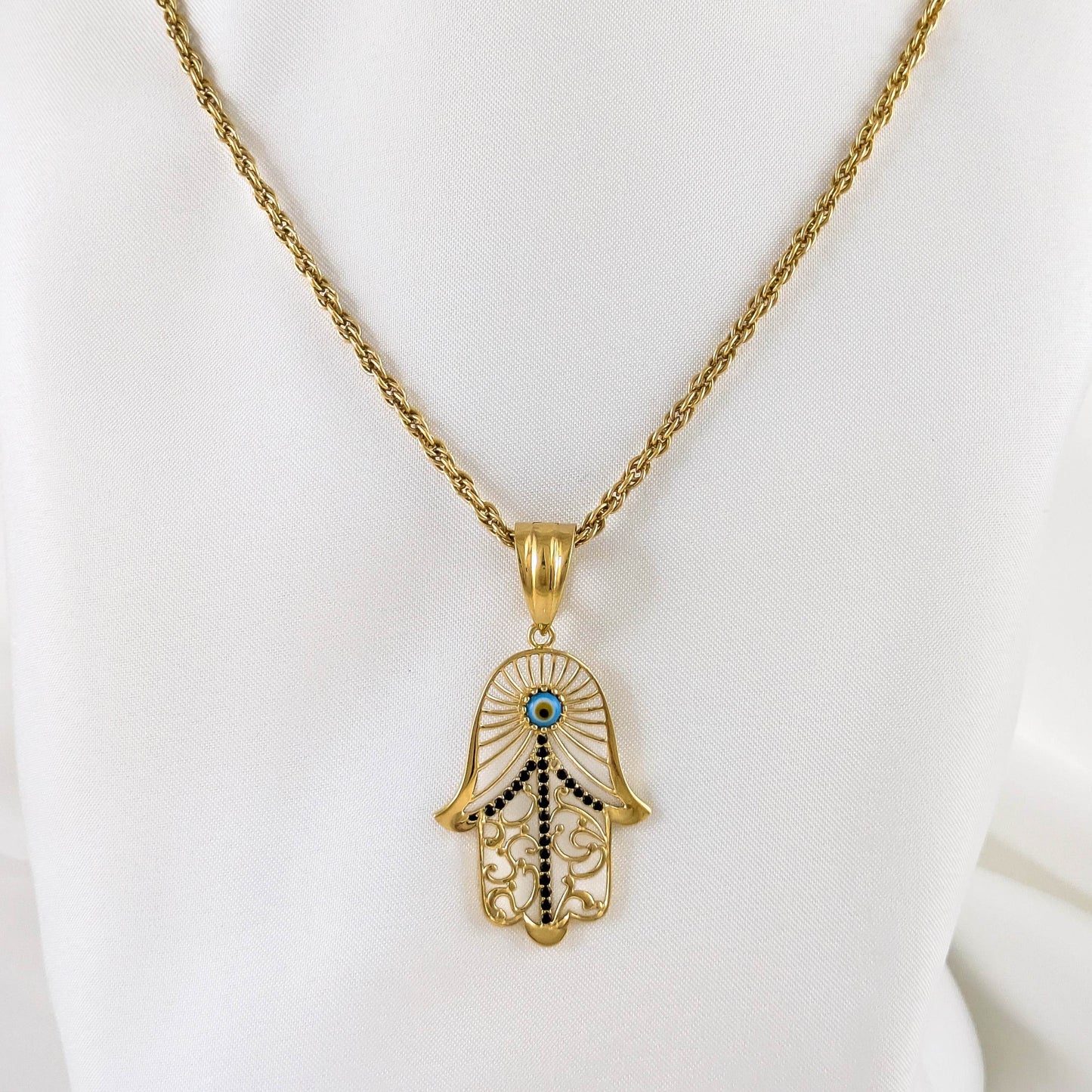 Hamsa Pendant with Black Spinel and Evil Eye – Gold over Sterling Silver, Enhancer Clasp - TurkishBling