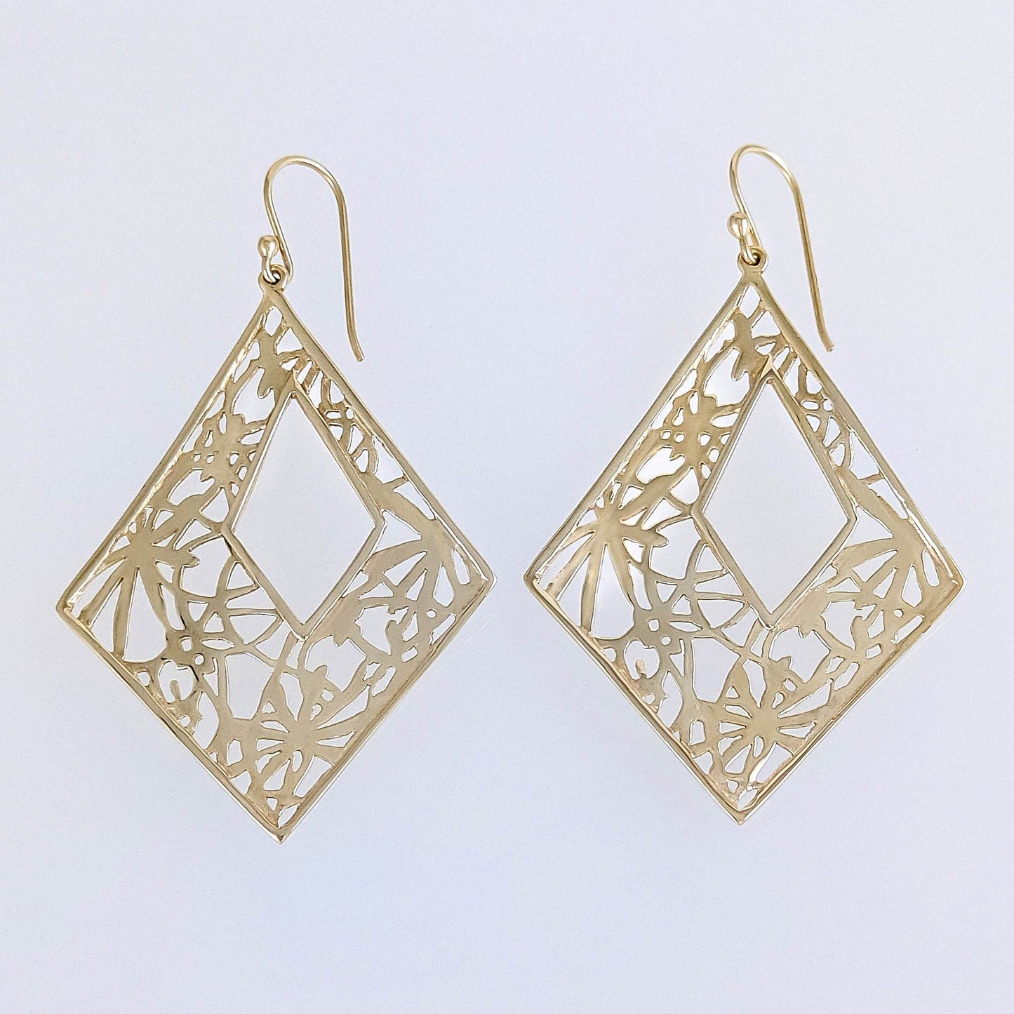 Diamond-Shape Dangle Earrings with Floral Cutout Motif - TurkishBling