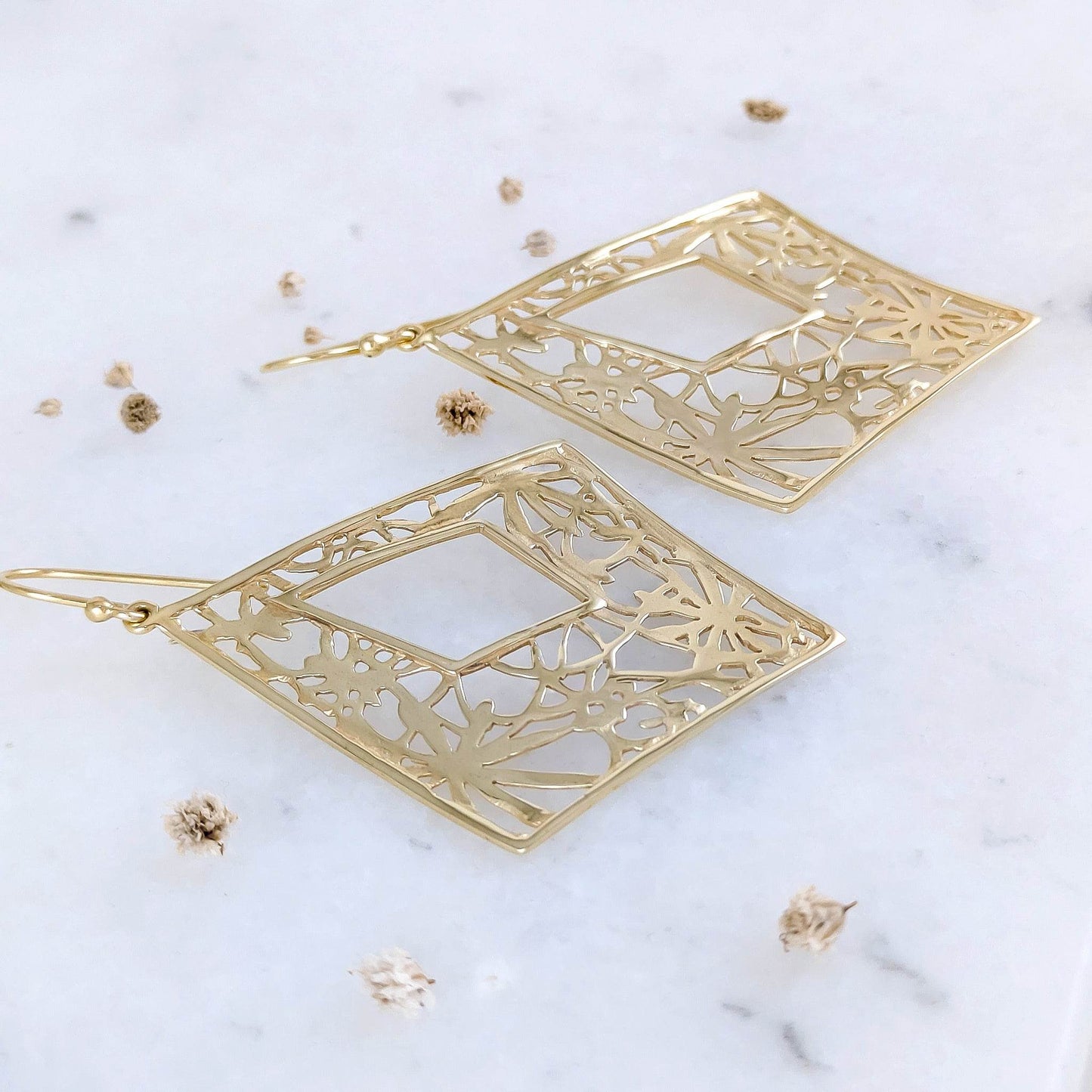 Diamond-Shape Dangle Earrings with Floral Cutout Motif - TurkishBling