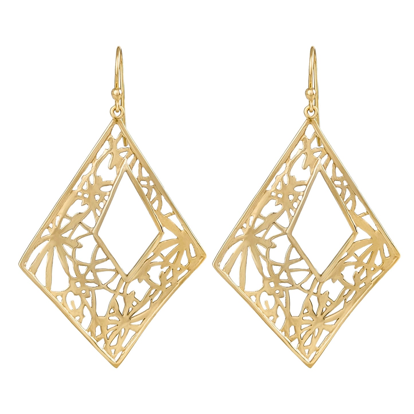 Diamond-Shape Dangle Earrings with Floral Cutout Motif - TurkishBling
