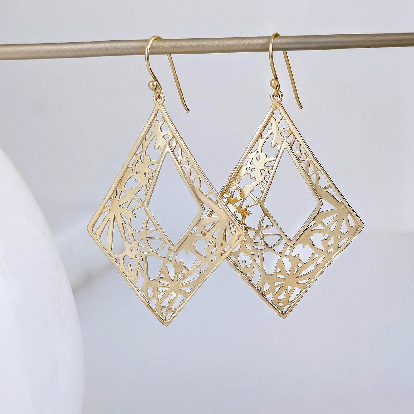 Diamond-Shape Dangle Earrings with Floral Cutout Motif - TurkishBling