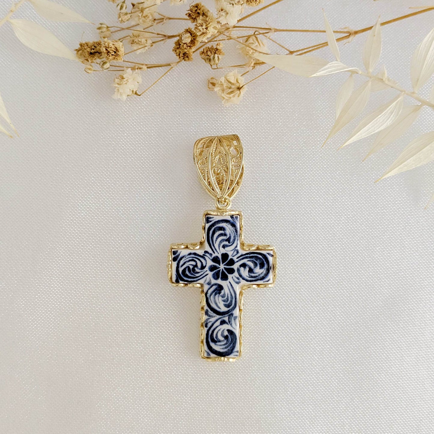 Blue Ceramic Cross Pendant – Filigree Bail, Elegant Religious Jewelry Gold over Sterling Silver - TurkishBling