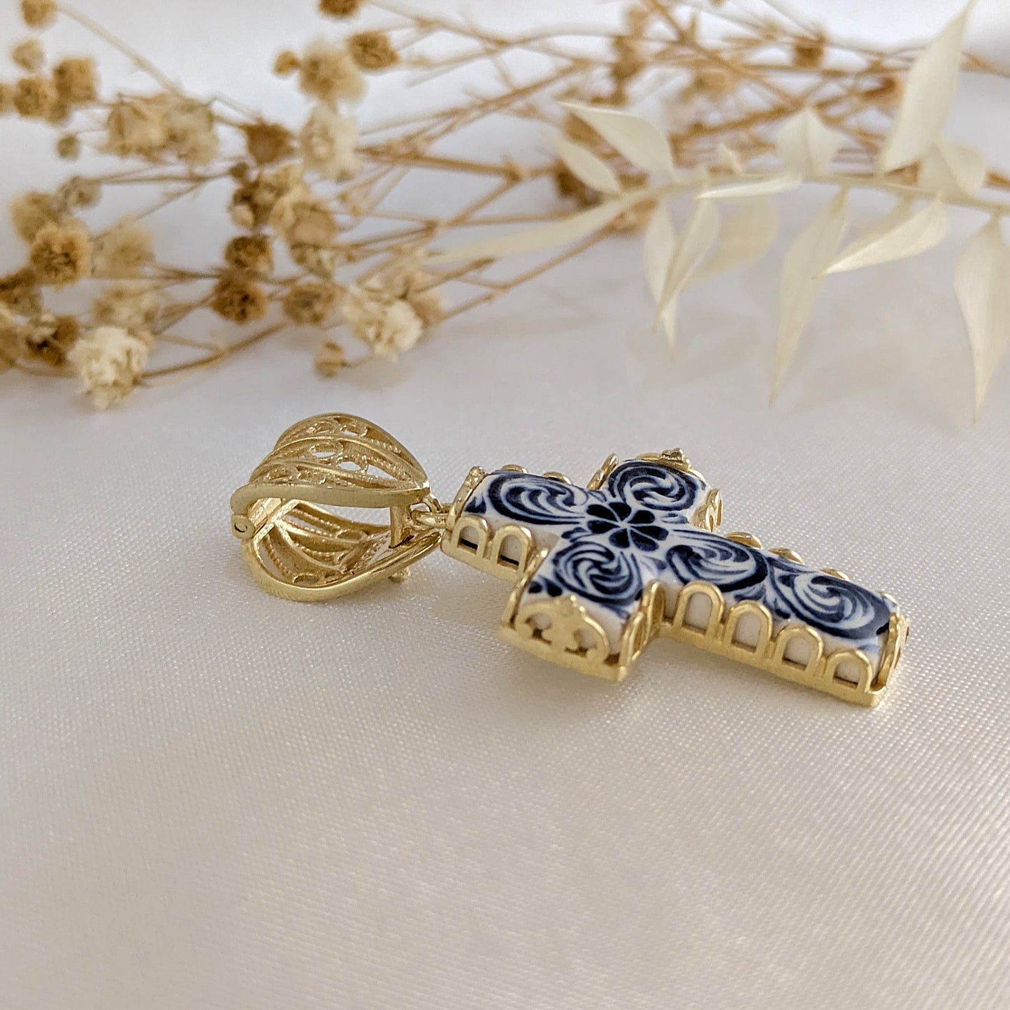 Blue Ceramic Cross Pendant – Filigree Bail, Elegant Religious Jewelry Gold over Sterling Silver - TurkishBling