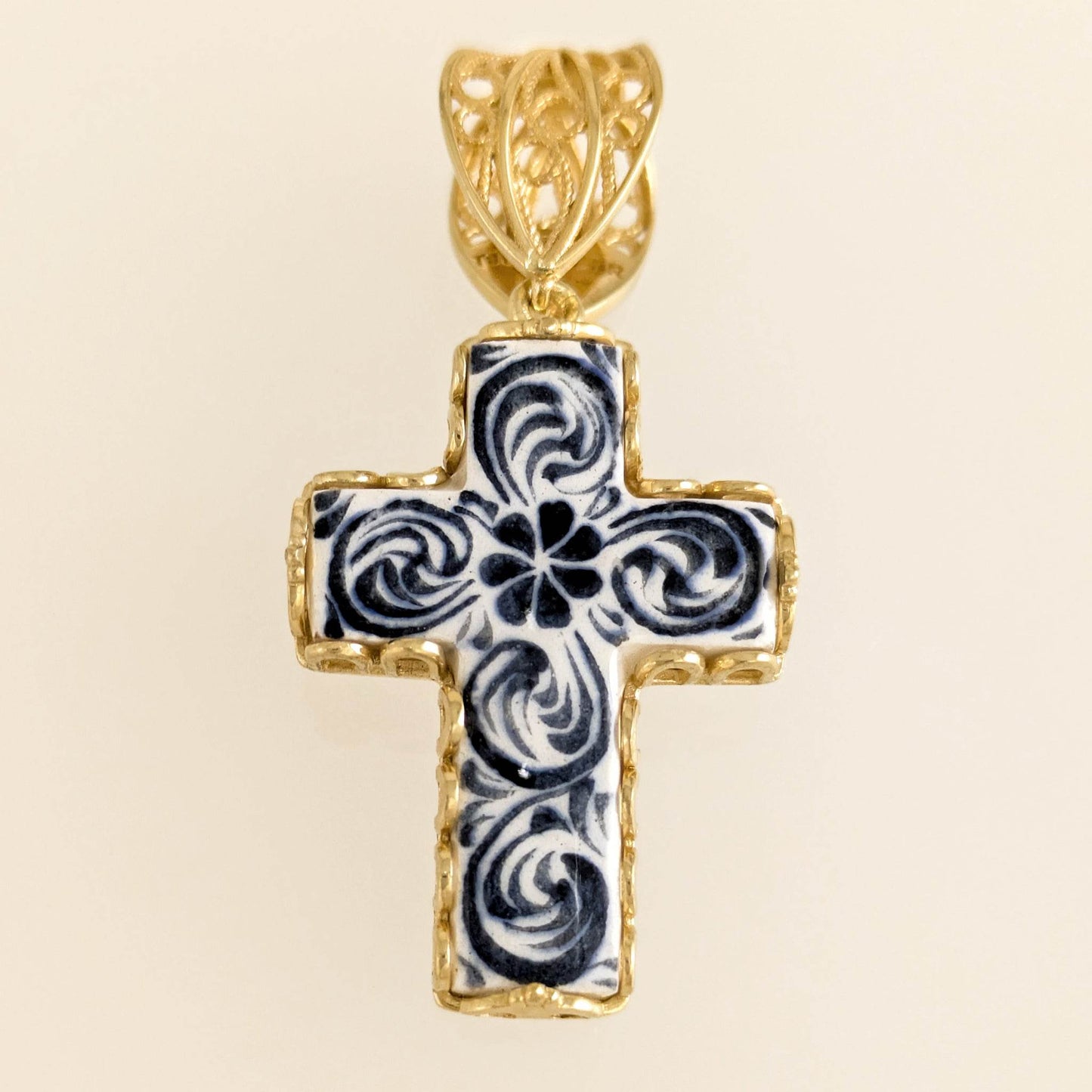 Blue Ceramic Cross Pendant – Filigree Bail, Elegant Religious Jewelry Gold over Sterling Silver - TurkishBling
