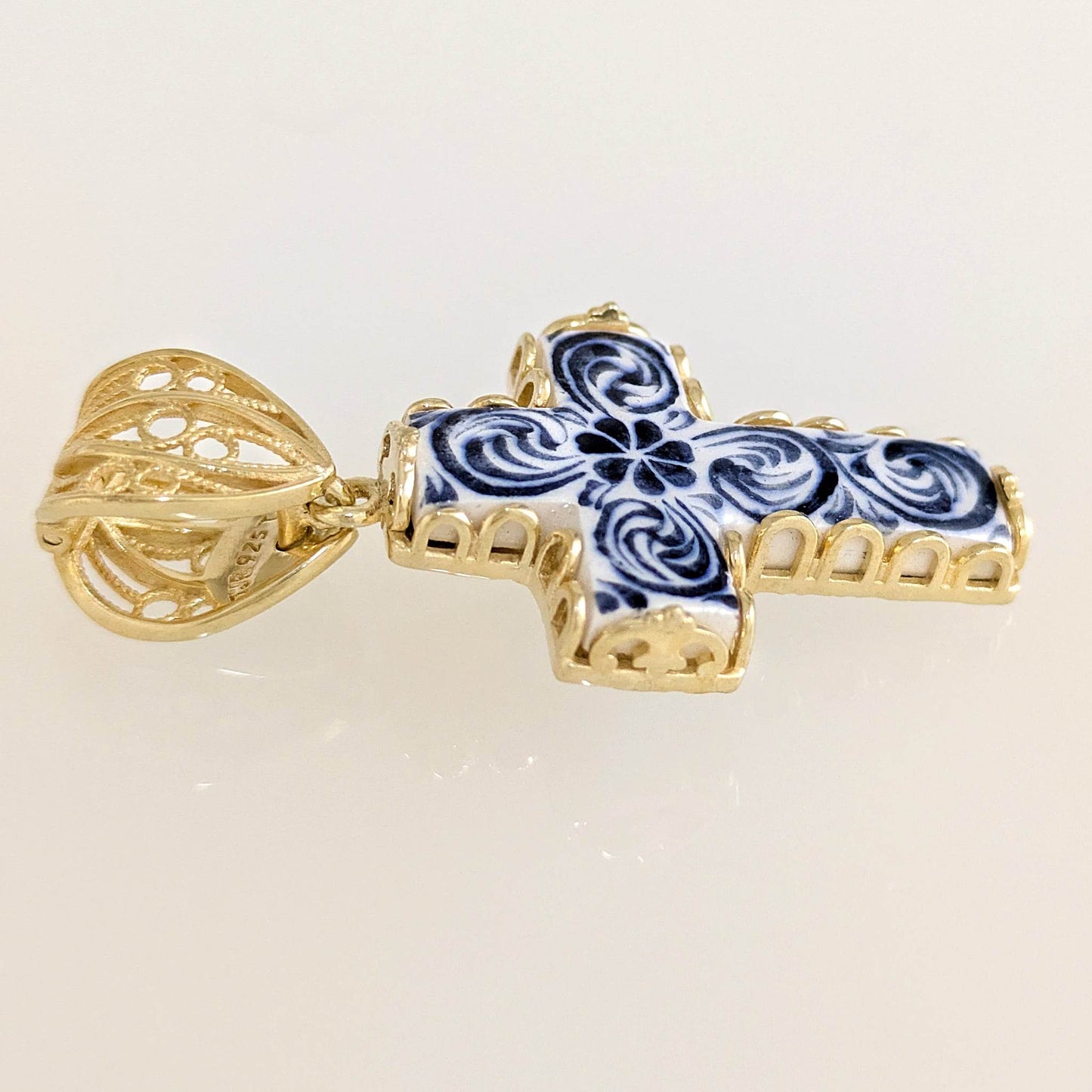 Blue Ceramic Cross Pendant – Filigree Bail, Elegant Religious Jewelry Gold over Sterling Silver - TurkishBling