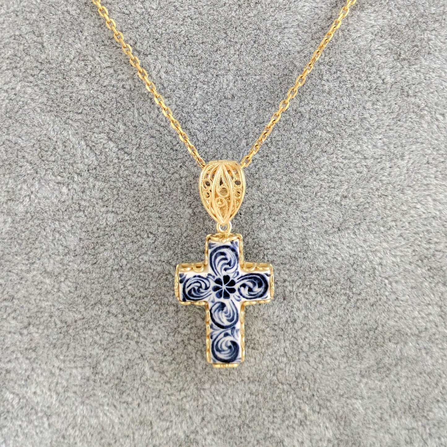 Blue Ceramic Cross Pendant – Filigree Bail, Elegant Religious Jewelry Gold over Sterling Silver - TurkishBling