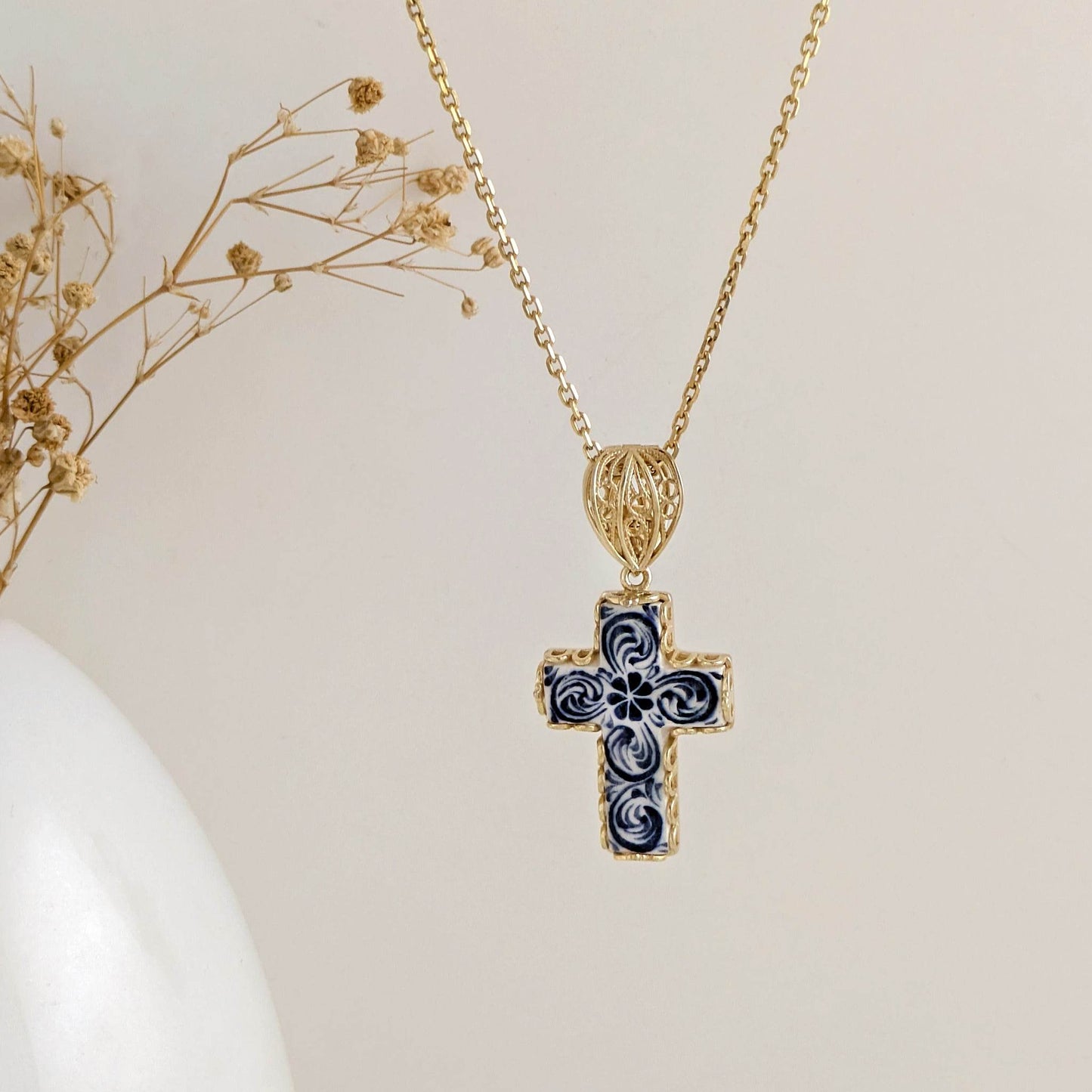 Blue Ceramic Cross Pendant – Filigree Bail, Elegant Religious Jewelry Gold over Sterling Silver - TurkishBling