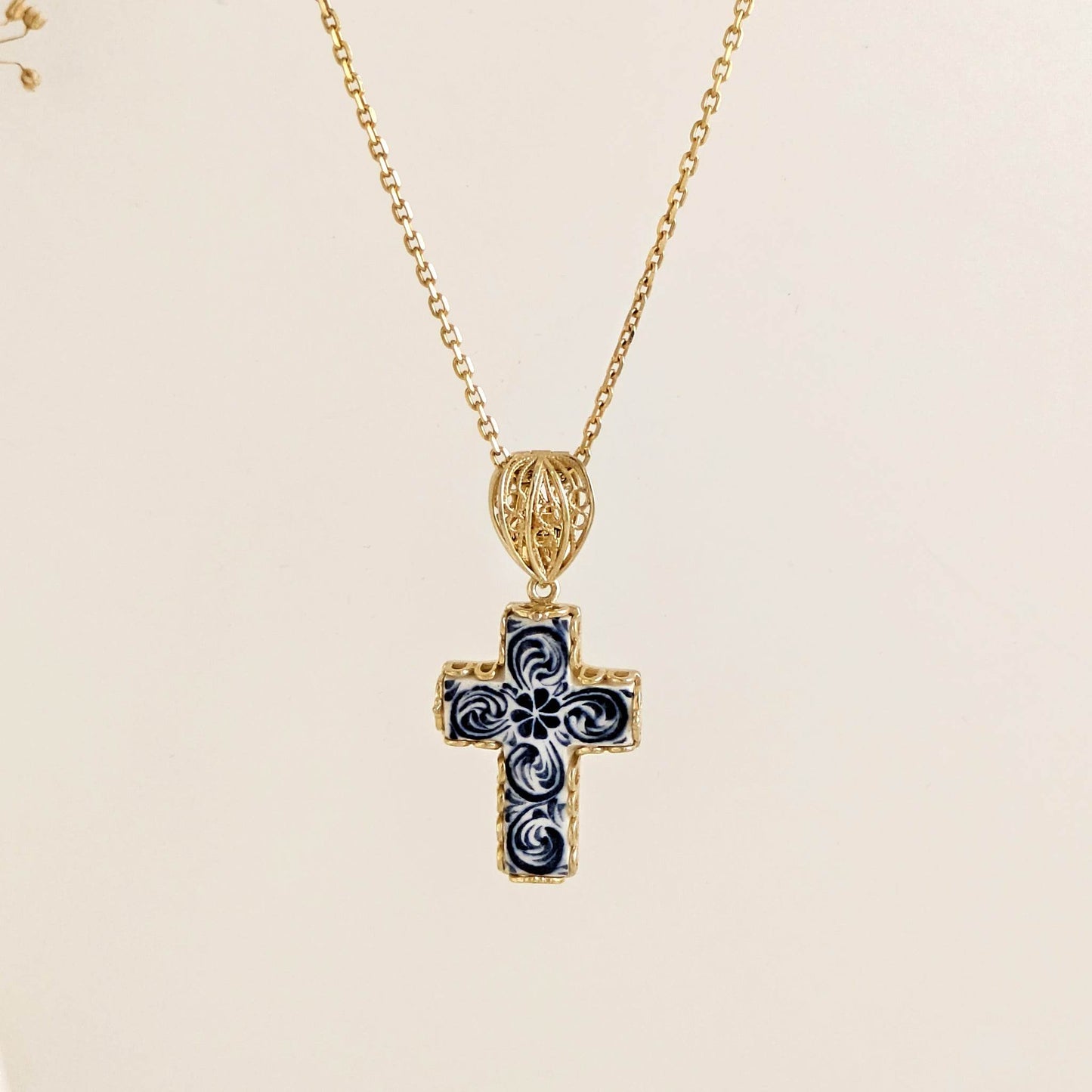 Blue Ceramic Cross Pendant – Filigree Bail, Elegant Religious Jewelry Gold over Sterling Silver - TurkishBling