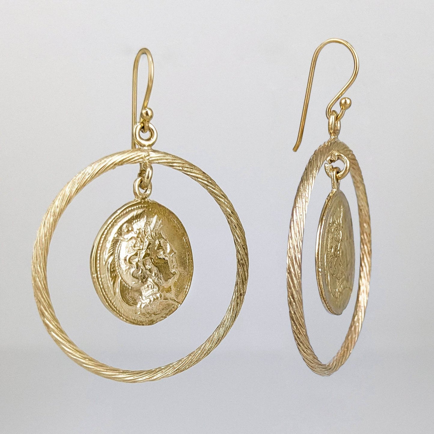 Ancient Coin Earrings in Cable Hoop on Hooks - TurkishBling