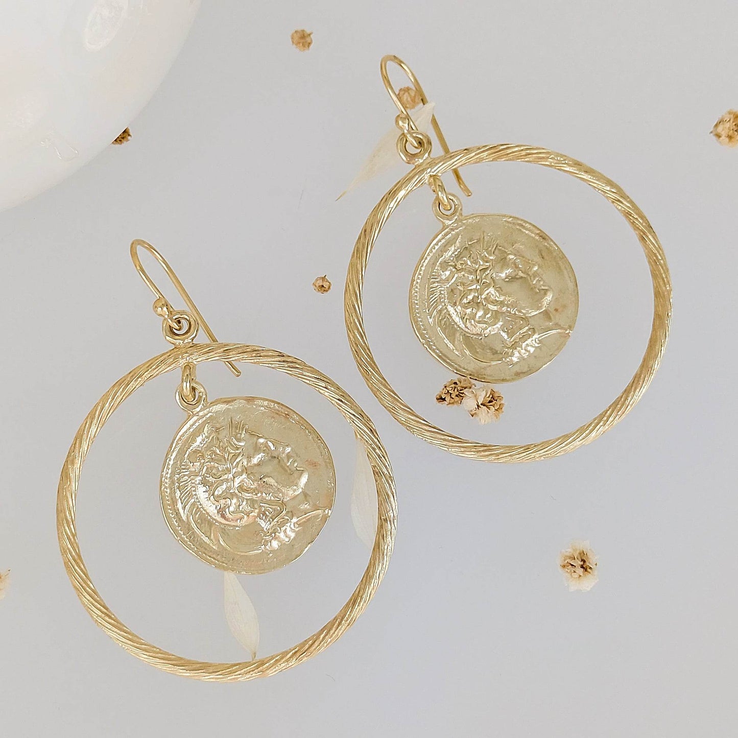 Ancient Coin Earrings in Cable Hoop on Hooks - TurkishBling