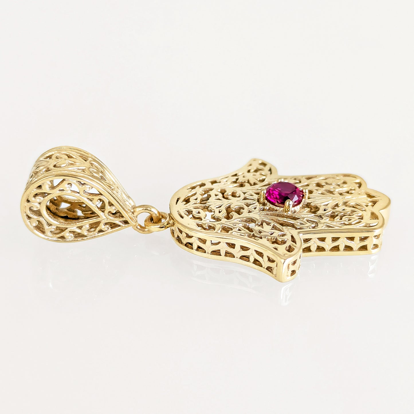 Filigree Hamsa Pendant with Ruby or Black Crystal