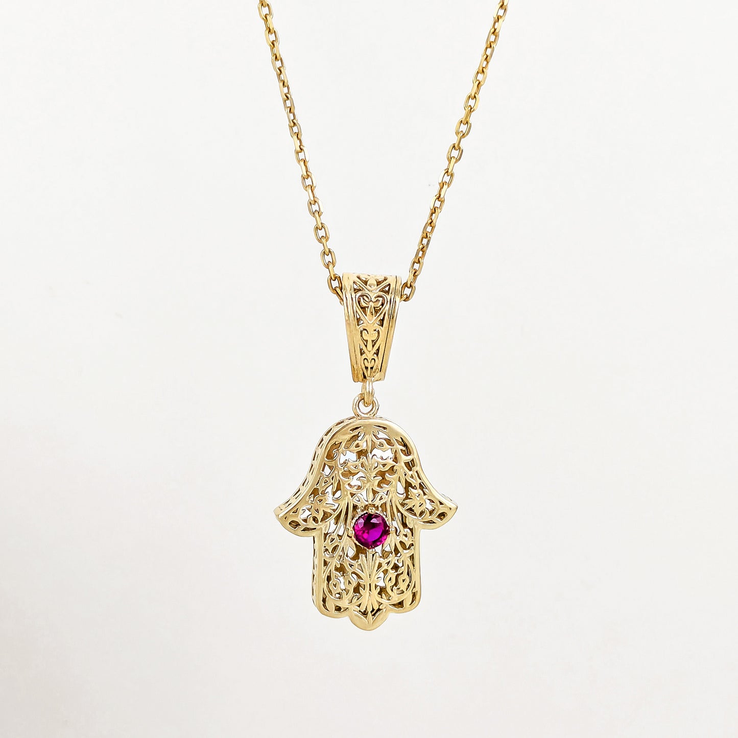 Filigree Hamsa Pendant with Ruby or Black Crystal