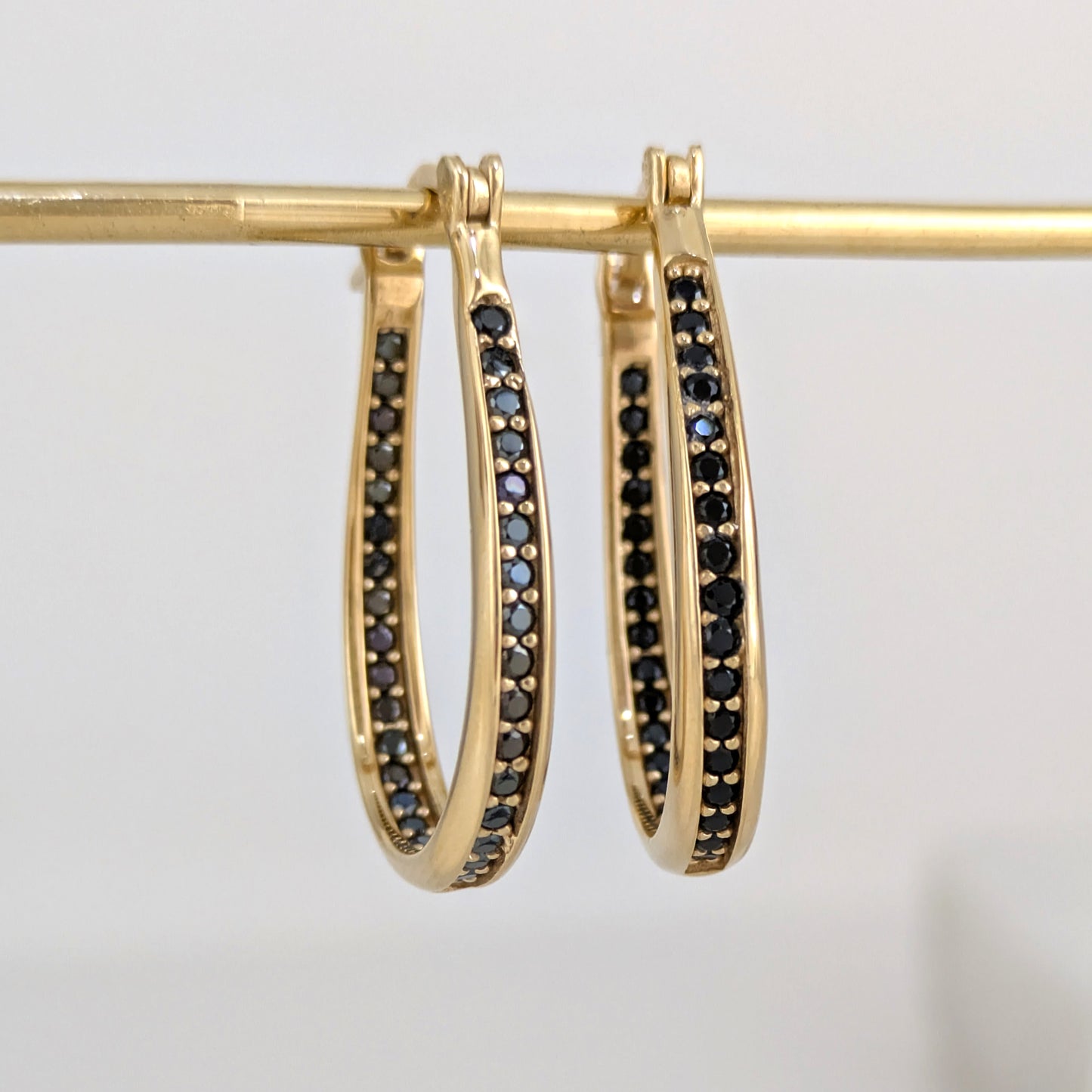 Black Spinel Hoop Earrings – Slim Oval Hoops